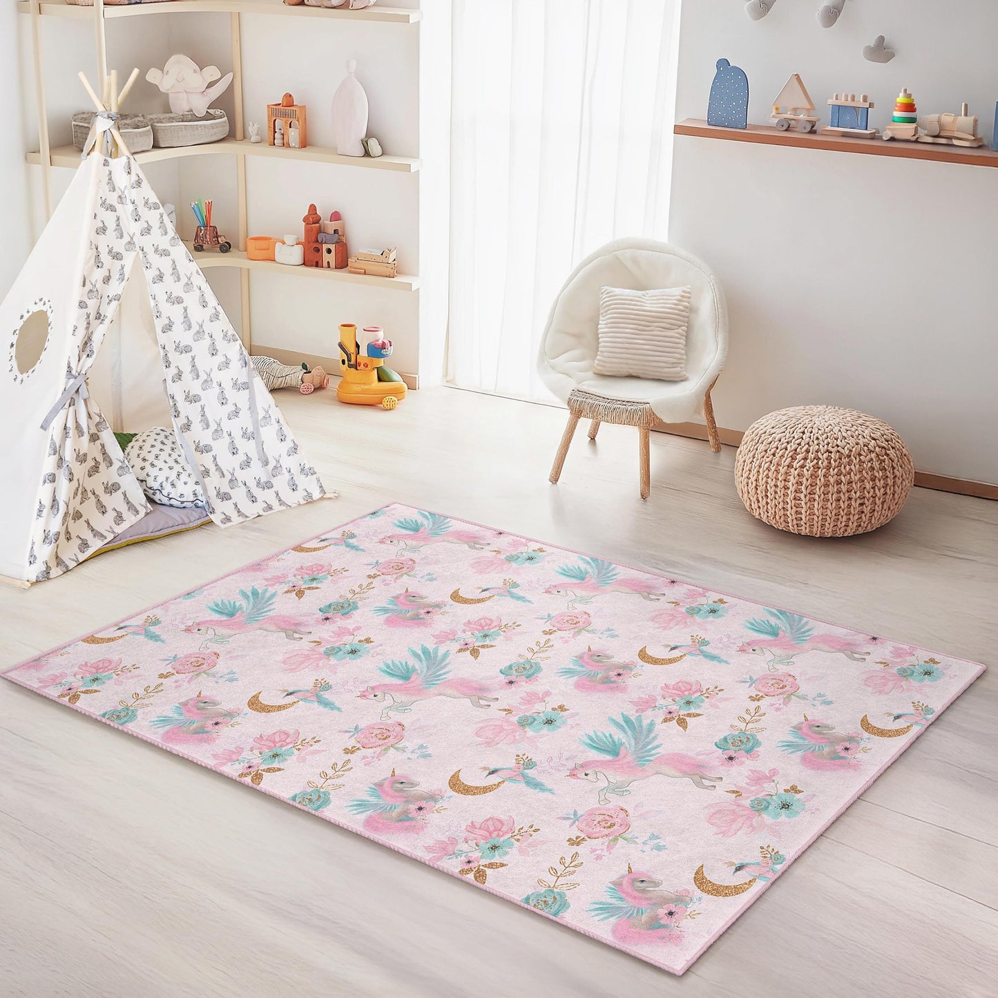 Whimsical Unicorn Floral Rectangular Kids Rug, Pink Floral Unicorn Carpet, Playroom Decor, Nursery Rug, Children's Room Accessories