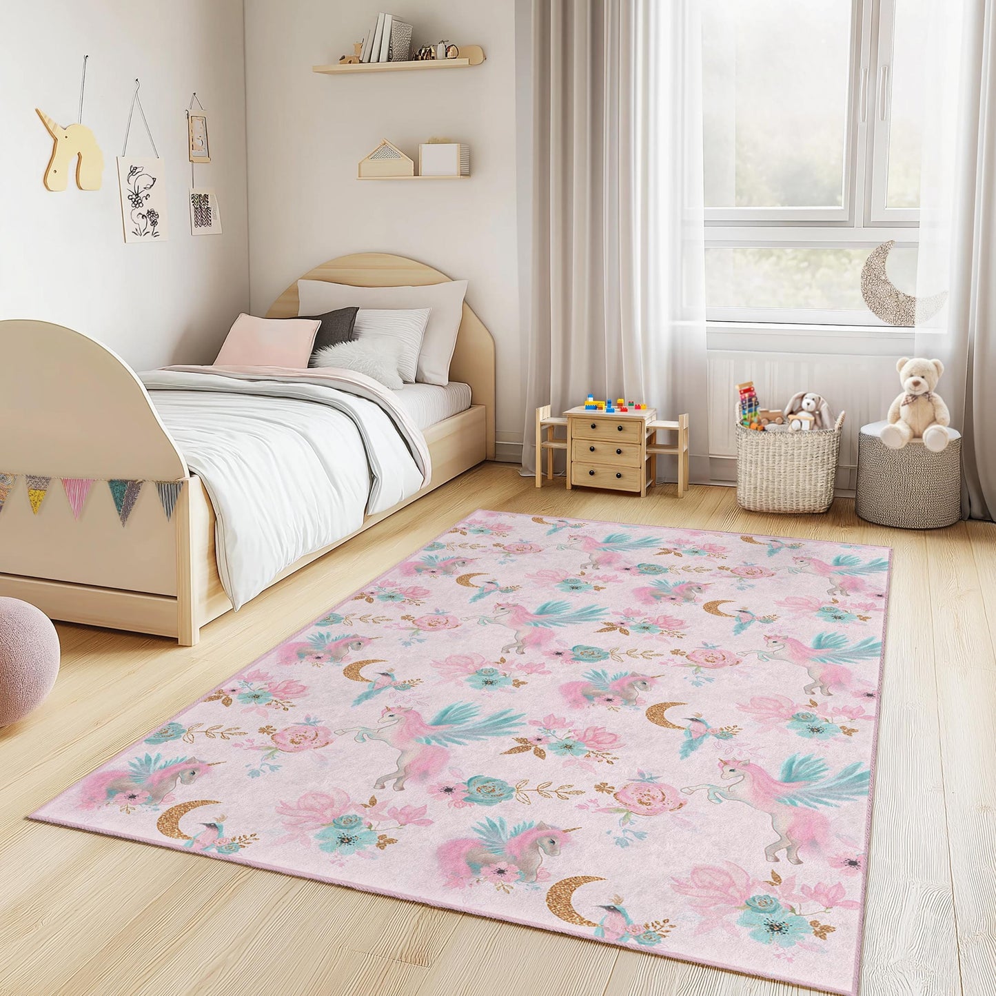Whimsical Unicorn Floral Rectangular Kids Rug, Pink Floral Unicorn Carpet, Playroom Decor, Nursery Rug, Children's Room Accessories
