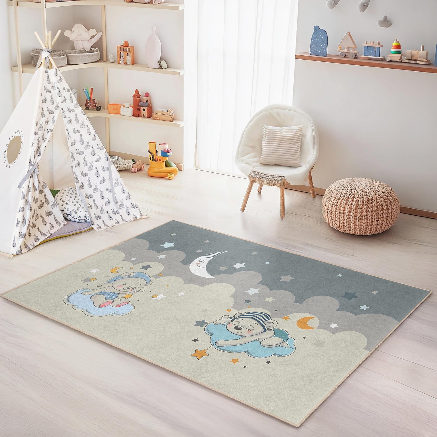 Dreamy Clouds Baby Nursery Rug, Cute Bear and Stars Design, Rectangle Kids Rug, Soft Play Mat for Children's Room, Nursery Decor