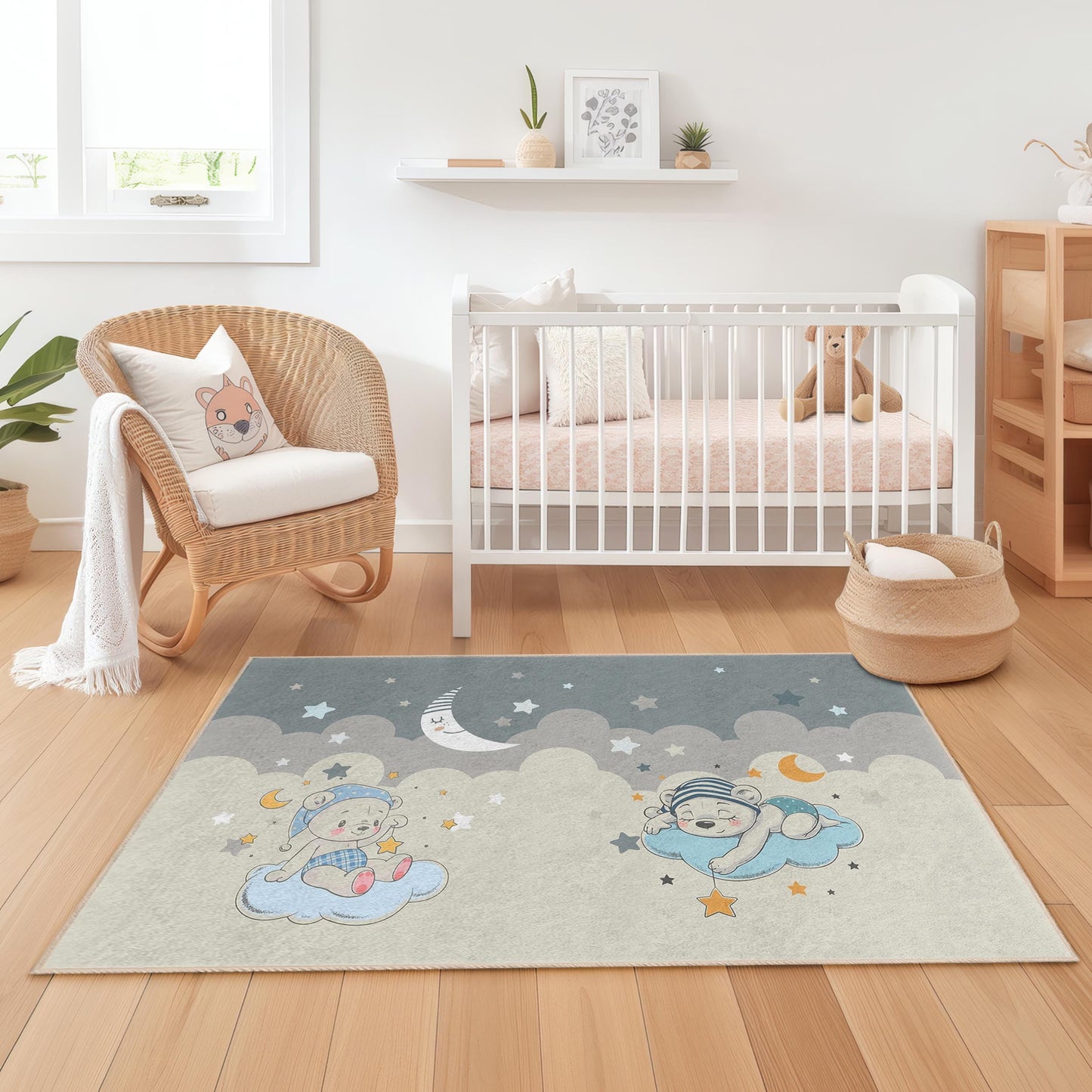 Dreamy Clouds Baby Nursery Rug, Cute Bear and Stars Design, Rectangle Kids Rug, Soft Play Mat for Children's Room, Nursery Decor