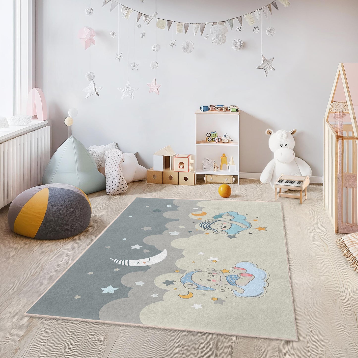 Dreamy Clouds Baby Nursery Rug, Cute Bear and Stars Design, Rectangle Kids Rug, Soft Play Mat for Children's Room, Nursery Decor