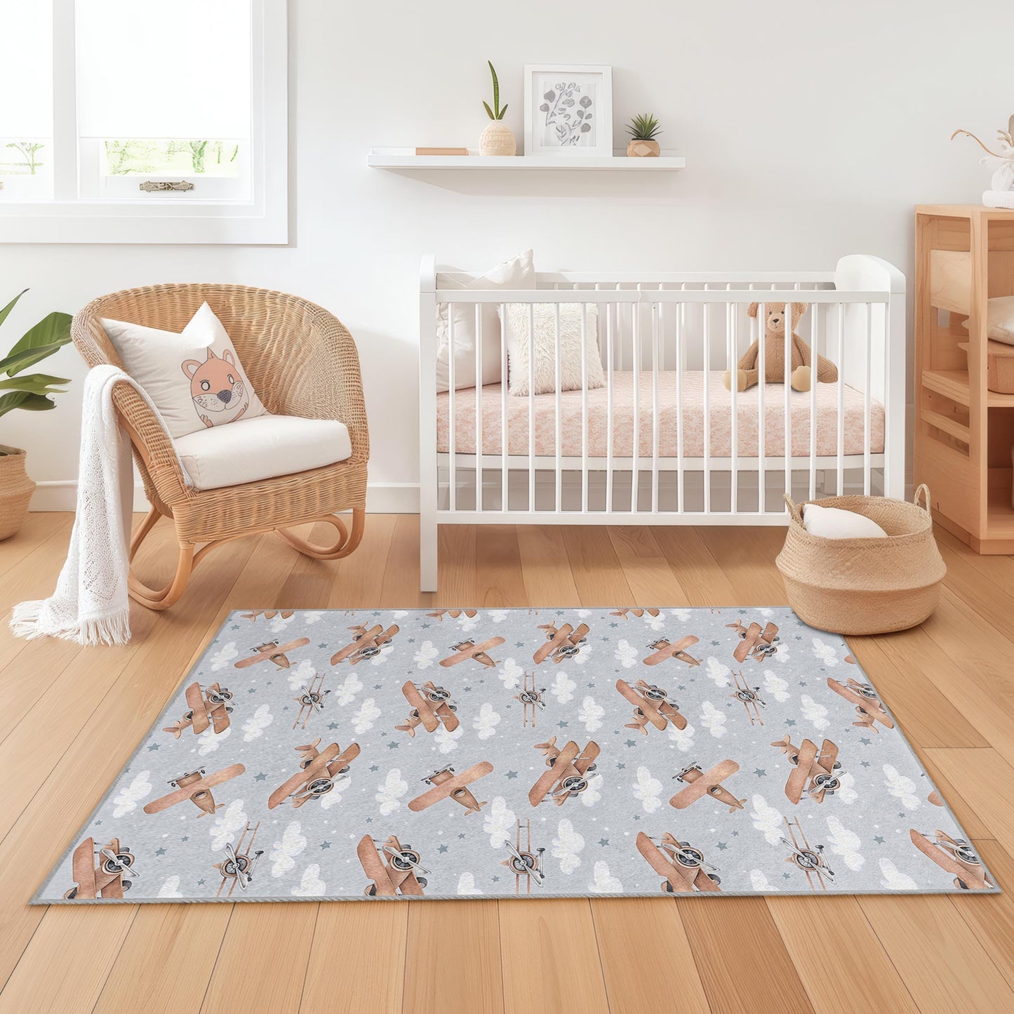 Airplane Pattern Kids Rectangle Rug, Cute Aircraft Rug for Nursery, Playroom Decor, Soft Kids Bedroom Carpet