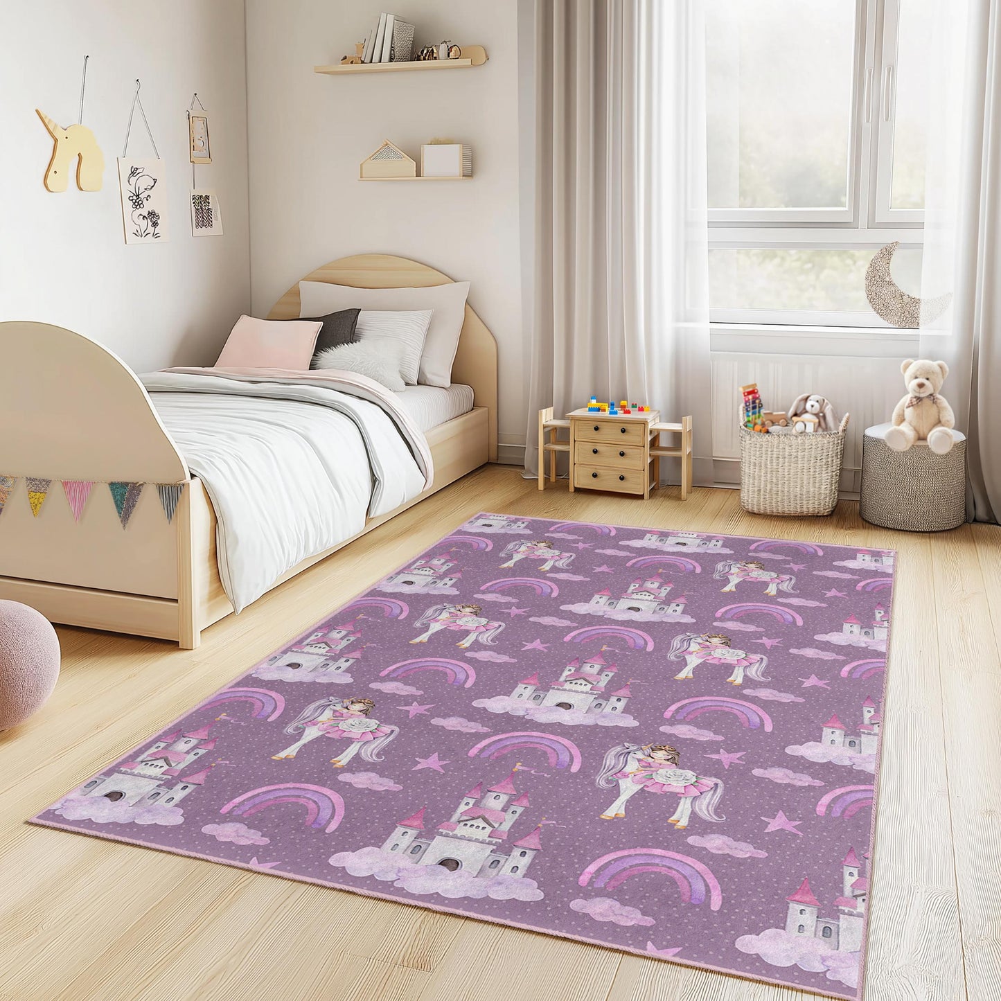 Princess Castle & Unicorns Kids Rug, Cute Rectangle Play Mat, Fantasy Theme Childrens Carpet, Nursery Decor, Kids Room Rug
