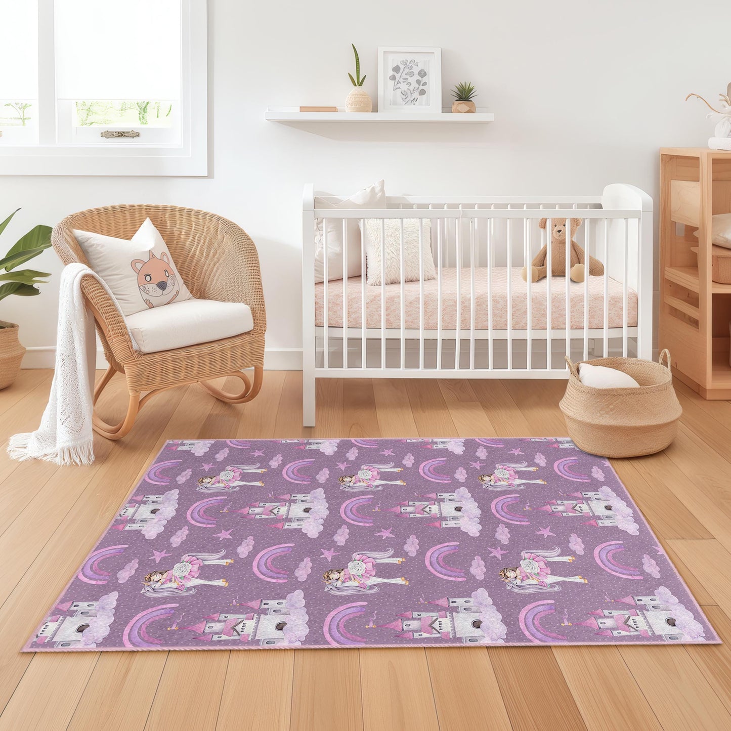 Princess Castle & Unicorns Kids Rug, Cute Rectangle Play Mat, Fantasy Theme Childrens Carpet, Nursery Decor, Kids Room Rug