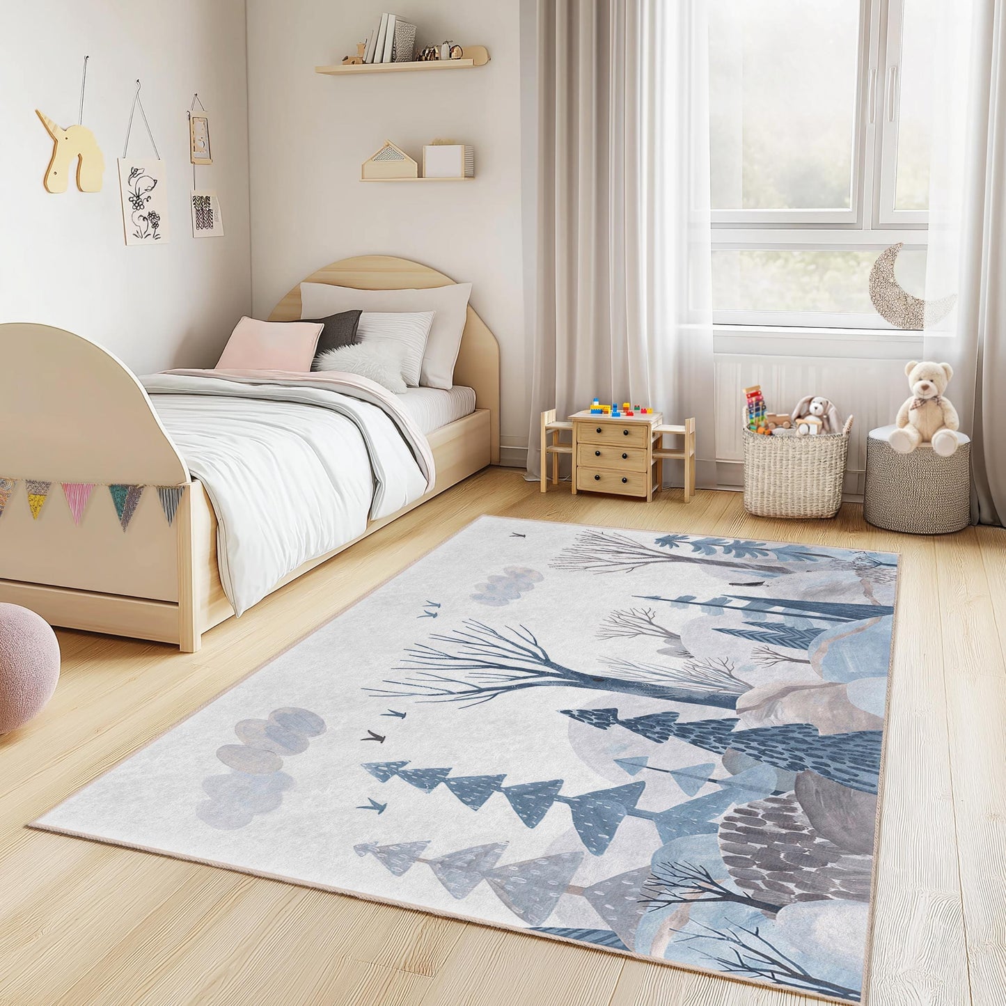 Whimsical Winter Forest Kids Rug, Blue and White Tree Pattern Rug, Rectangle Rug for Kids Room, Nursery Decor, Playroom Carpet