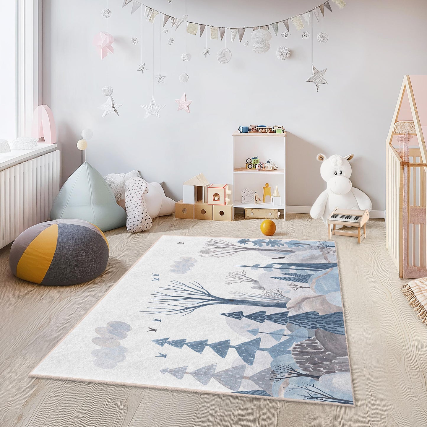 Whimsical Winter Forest Kids Rug, Blue and White Tree Pattern Rug, Rectangle Rug for Kids Room, Nursery Decor, Playroom Carpet