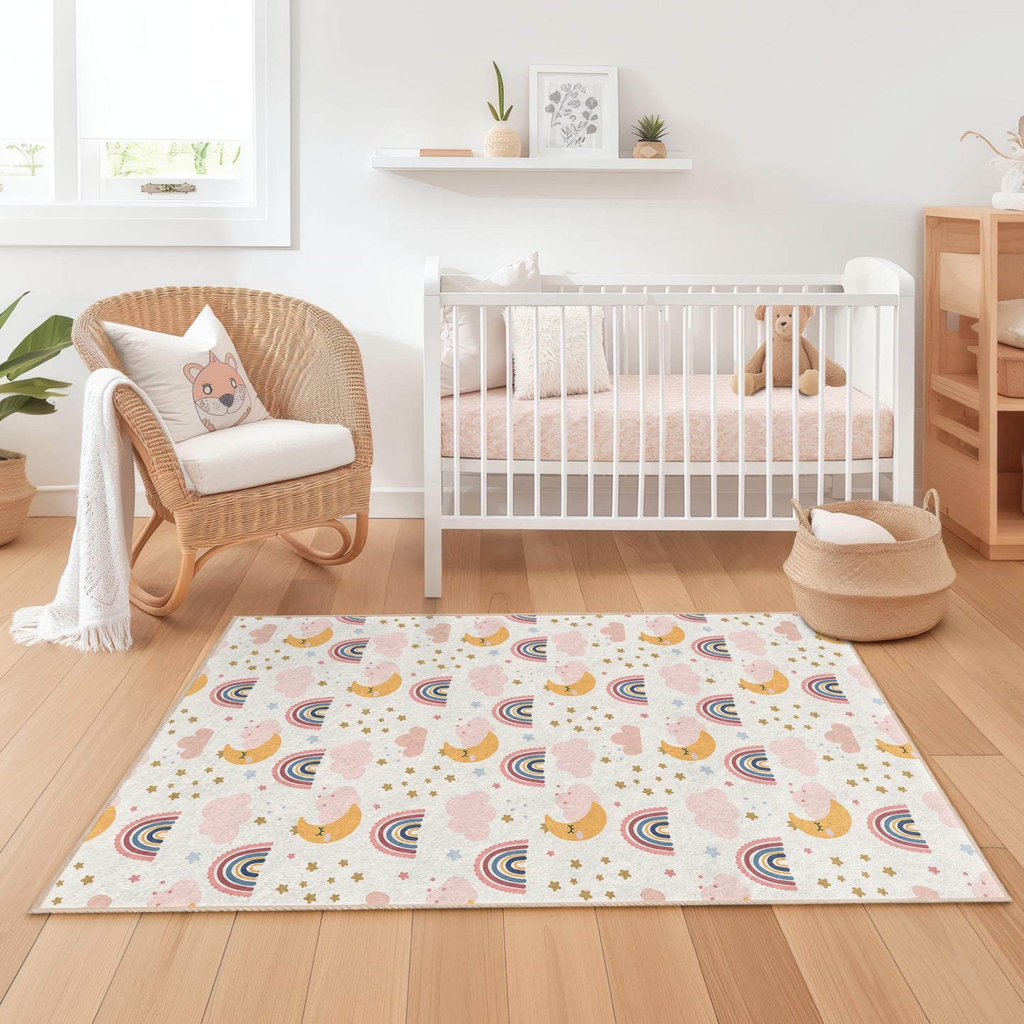 Rainbow Dreams Kids Rug, Cute Rainbow and Moon Nursery Carpet, Rectangular Playroom Rug, Cloud and Star Decor