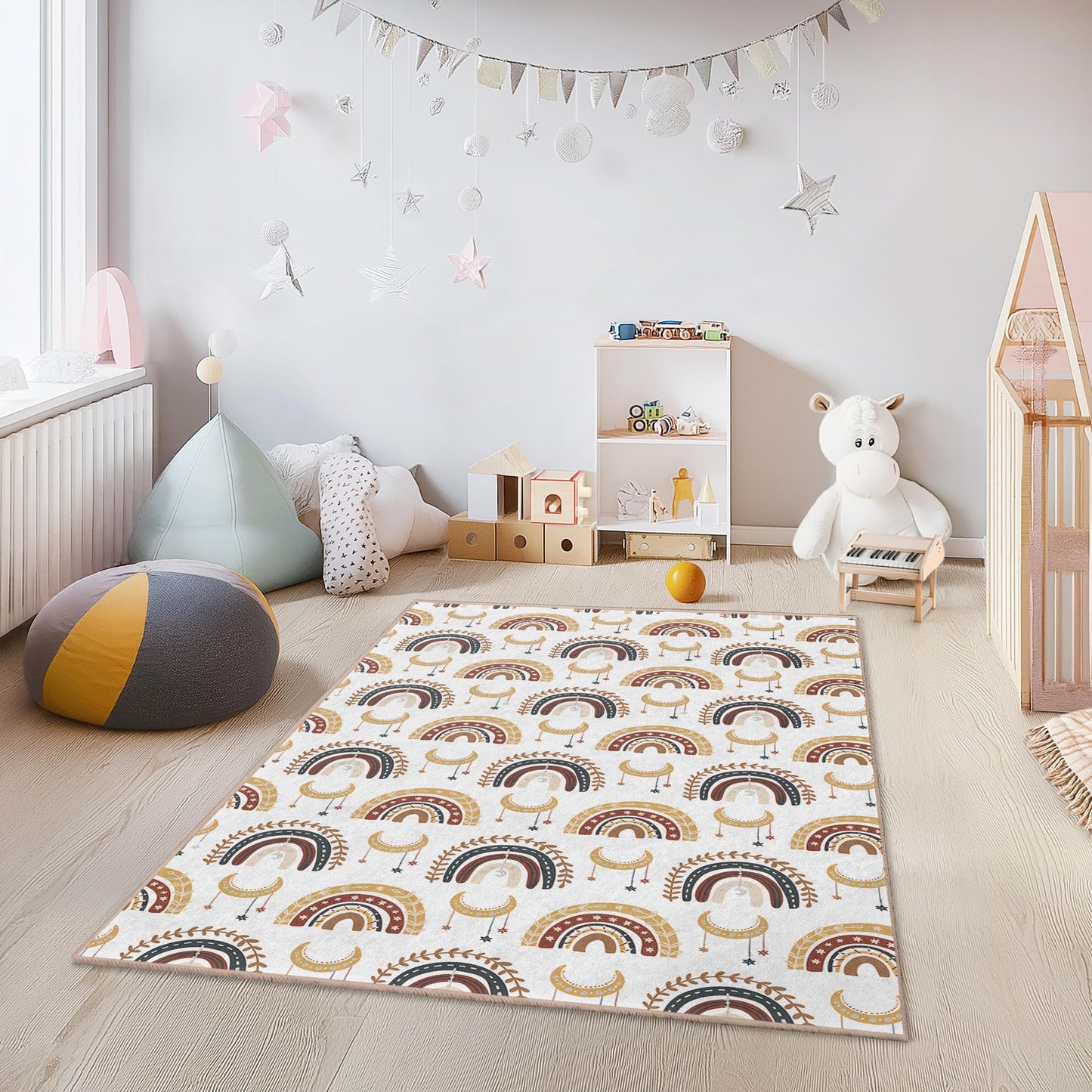 Colorful Rainbow Pattern Rectangular Kids Room Rug, Boho Nursery Carpet, Soft Kids Area Rug, Playroom Decor, Childrens Rug