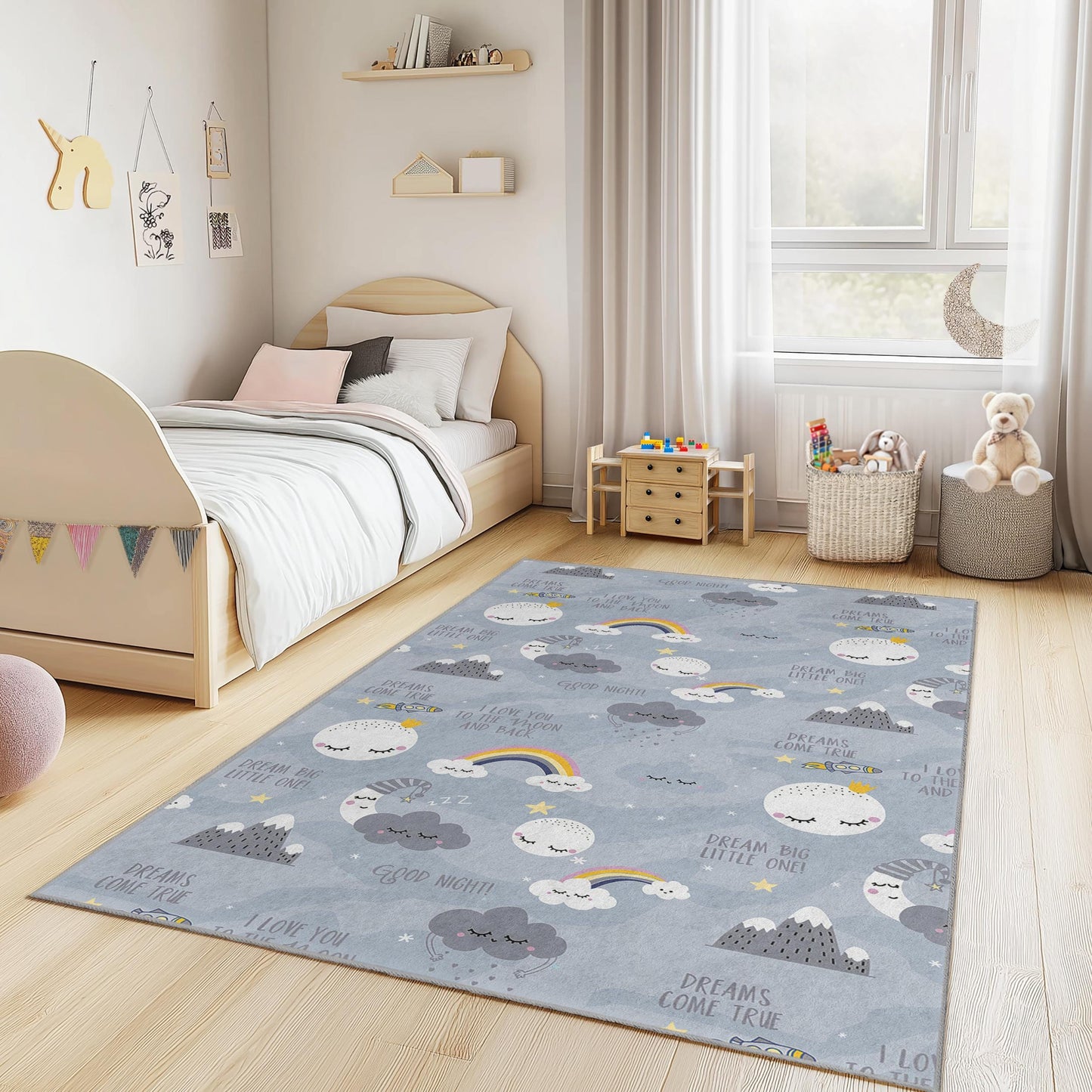 Dreamy Clouds Rectangular Kids Rug, Soft Nursery Carpet, Inspirational Playroom Decor, Cozy Childrens Room Rug, Rainbow Design