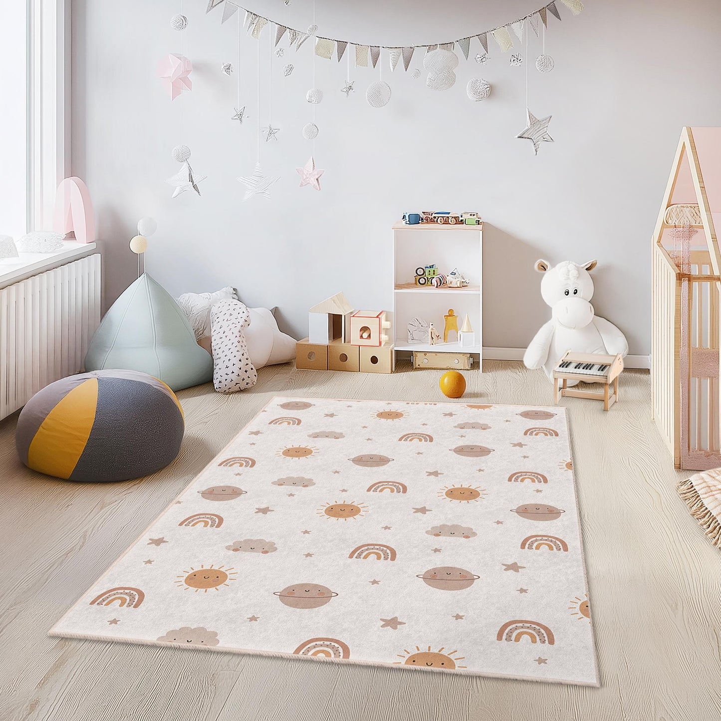 Whimsical Sun and Rainbow Rectangular Kids Rug, Cute Cloud Carpet, Nursery Decor, Playroom Rug, Soft Children's Flooring