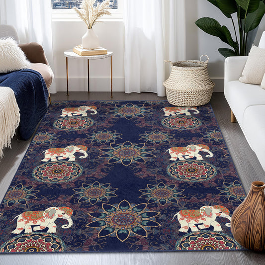 Colorful Elephant and Mandala Pattern Rectangular Area Rug, Ethnic Bohemian Carpet for Living Room, Bedroom, Home Decor