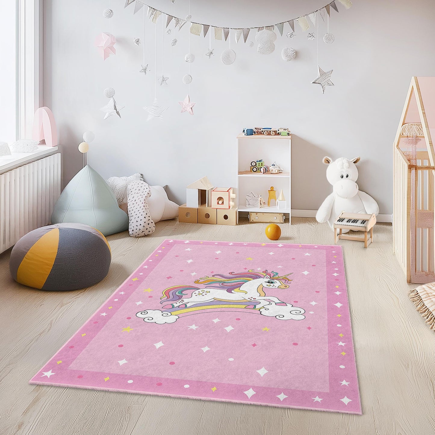 Magical Unicorn Kids Rug, Rainbow Unicorn Play Mat, Cute Kids Room Carpet, Unicorn Room Decor, Soft Rectangle Rug for Girls
