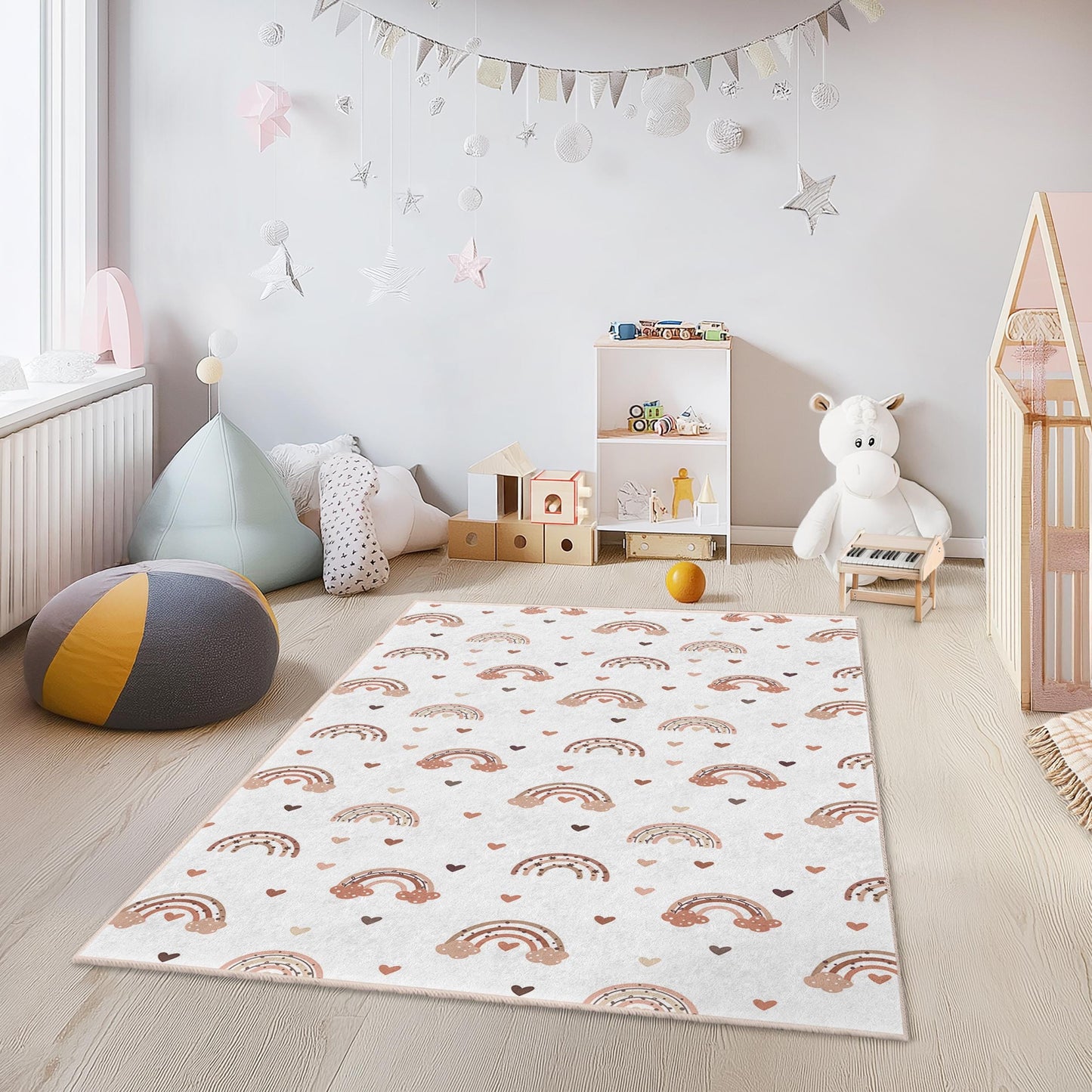Colorful Rainbow Hearts Rectangular Kids Rug, Cute Rainbow Carpet, Playroom Decor, Nursery Rug, Soft Childrens Rug
