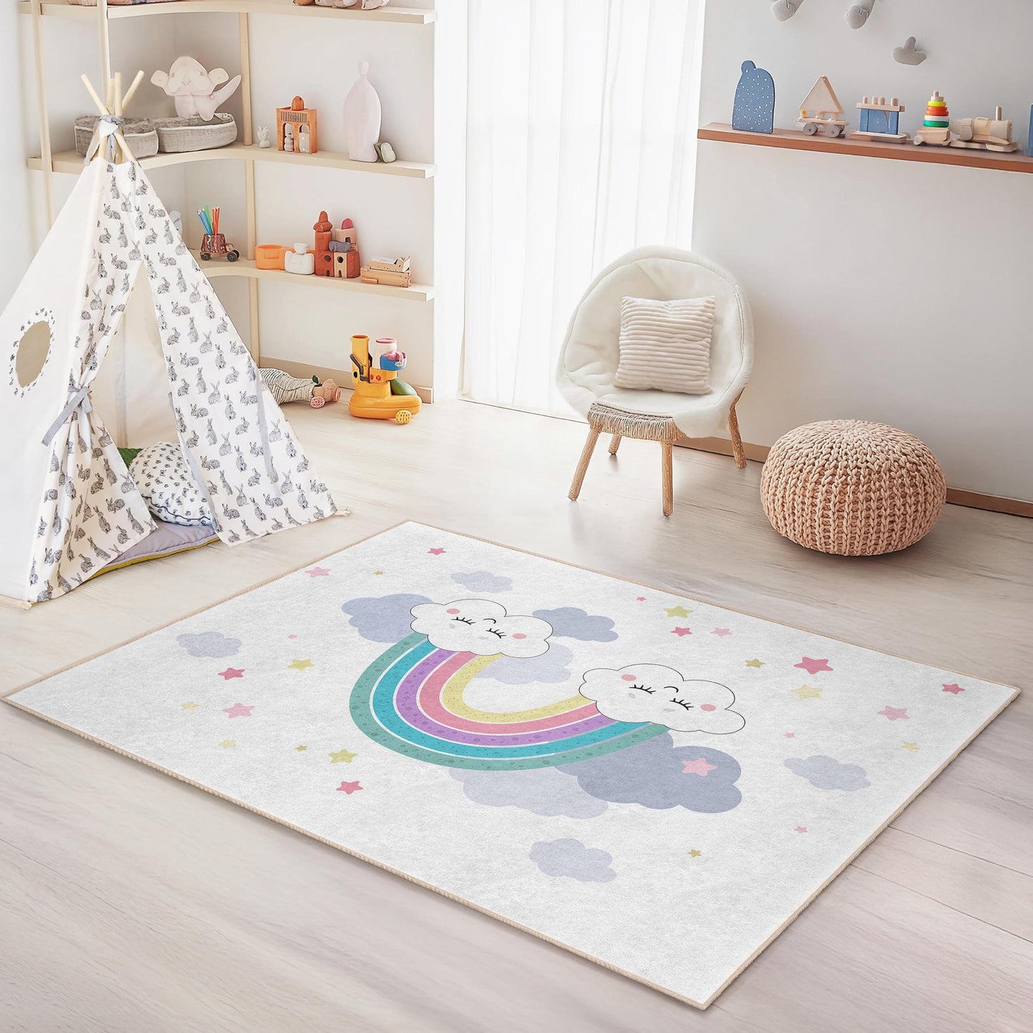 Cute Rainbow Clouds Kids Rectangular Rug, Colorful Nursery Carpet, Rainbow Play Mat, Toddler Room Decor, Soft Kids Area Rug