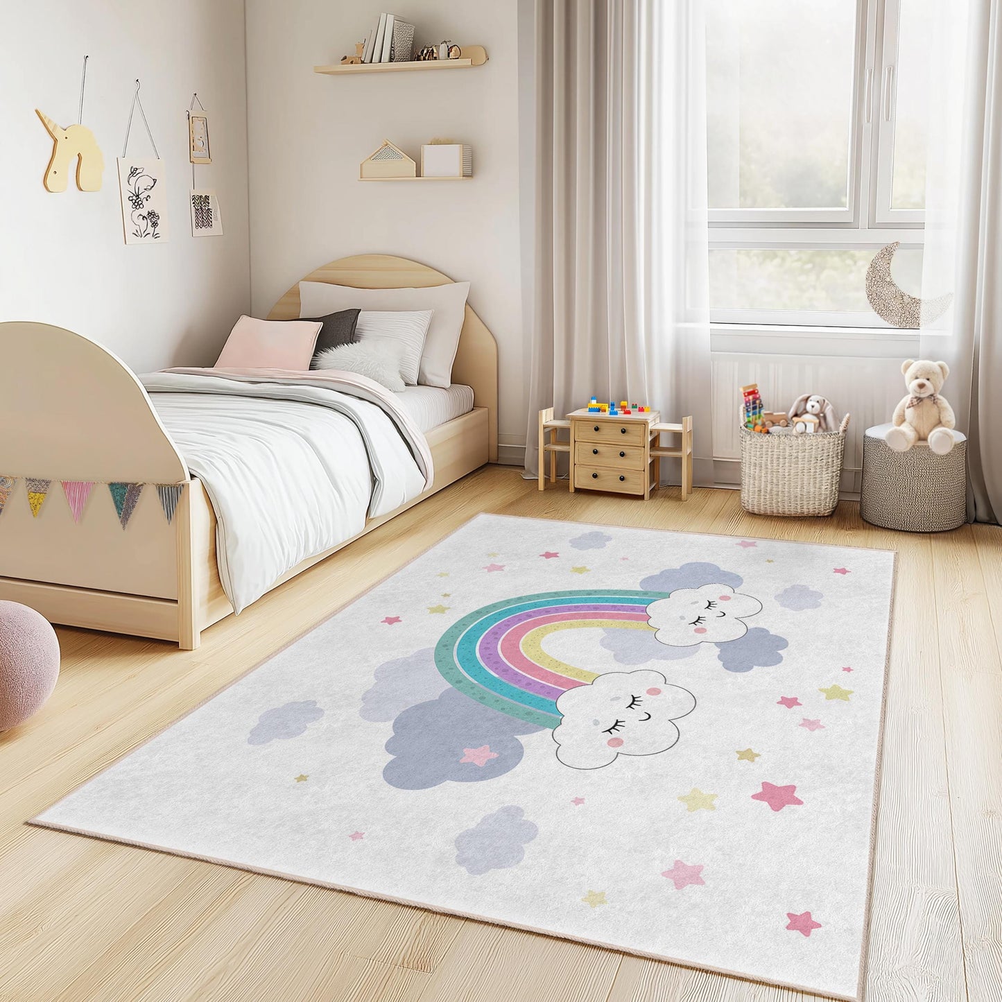 Cute Rainbow Clouds Kids Rectangular Rug, Colorful Nursery Carpet, Rainbow Play Mat, Toddler Room Decor, Soft Kids Area Rug