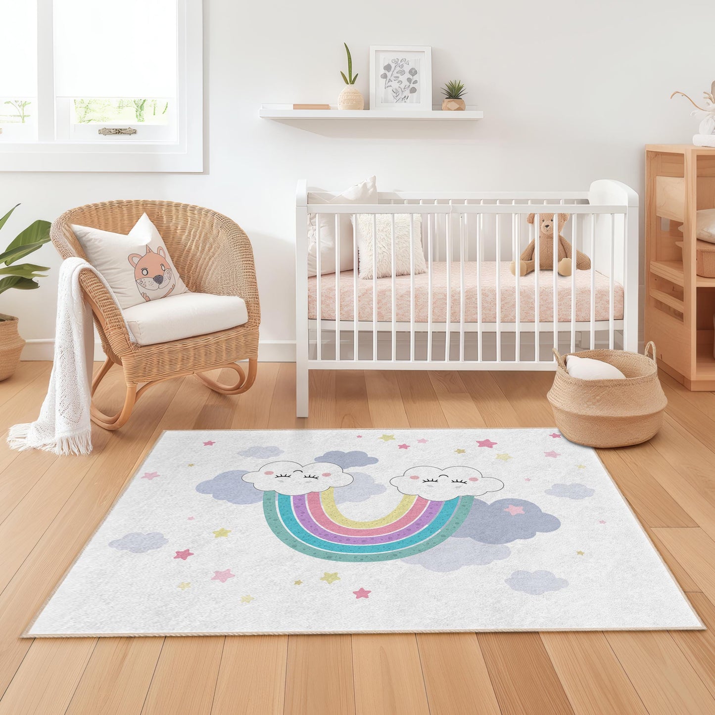 Cute Rainbow Clouds Kids Rectangular Rug, Colorful Nursery Carpet, Rainbow Play Mat, Toddler Room Decor, Soft Kids Area Rug