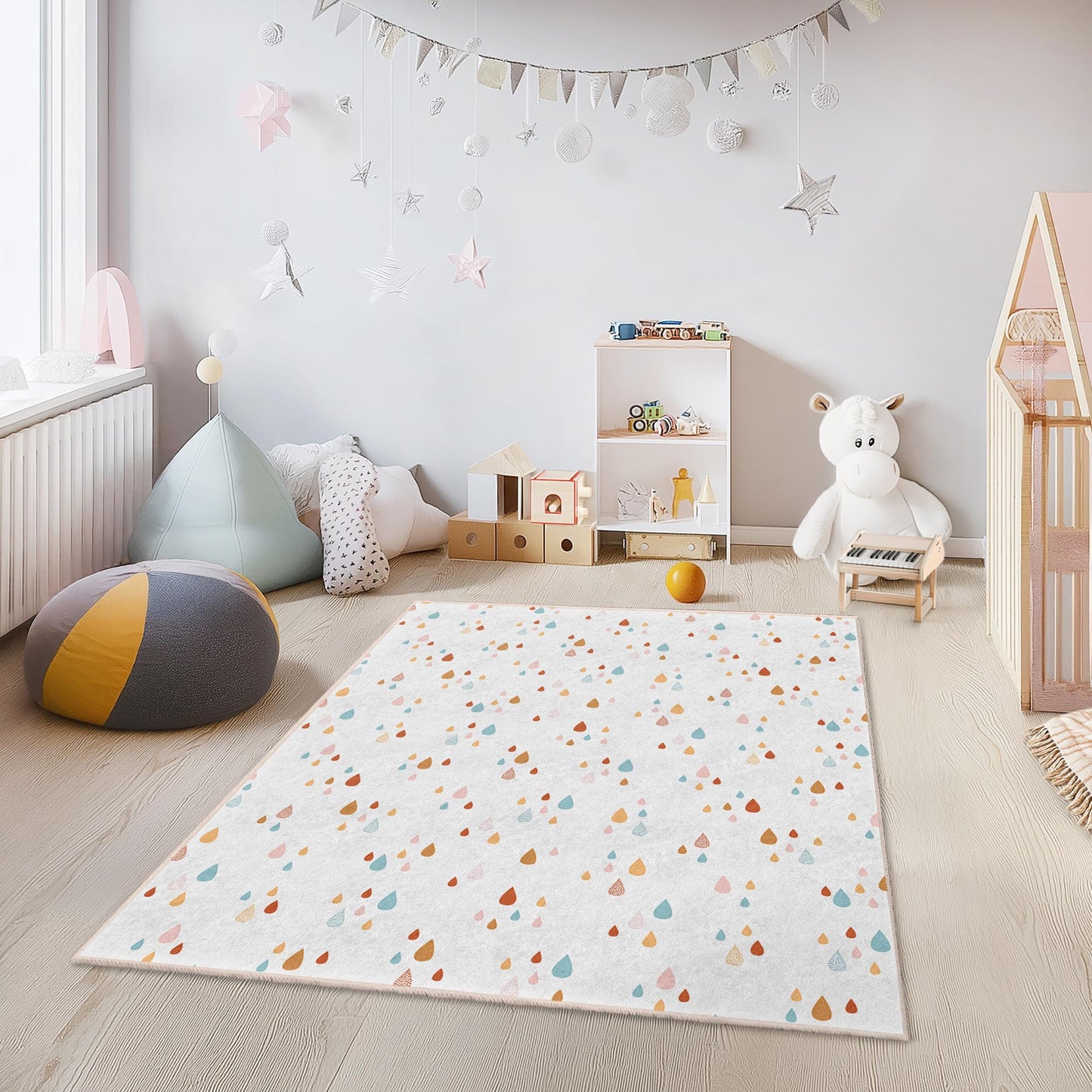 Colorful Water Droplets Rectangular Kids Rug, Playful Waterdrop Carpet, Soft Nursery Area Rug, Kids Room Decor, Toddler Play Mat