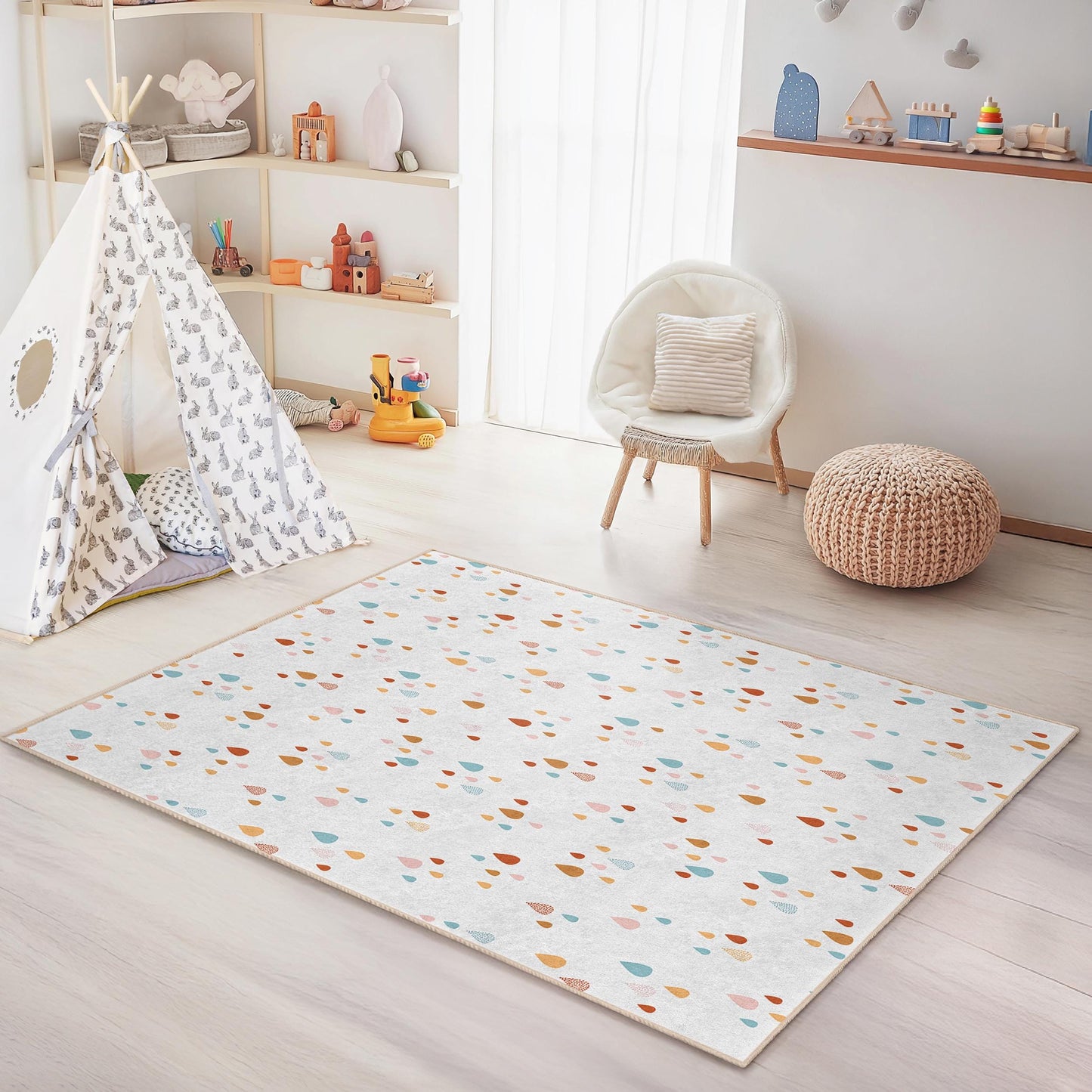 Colorful Water Droplets Rectangular Kids Rug, Playful Waterdrop Carpet, Soft Nursery Area Rug, Kids Room Decor, Toddler Play Mat