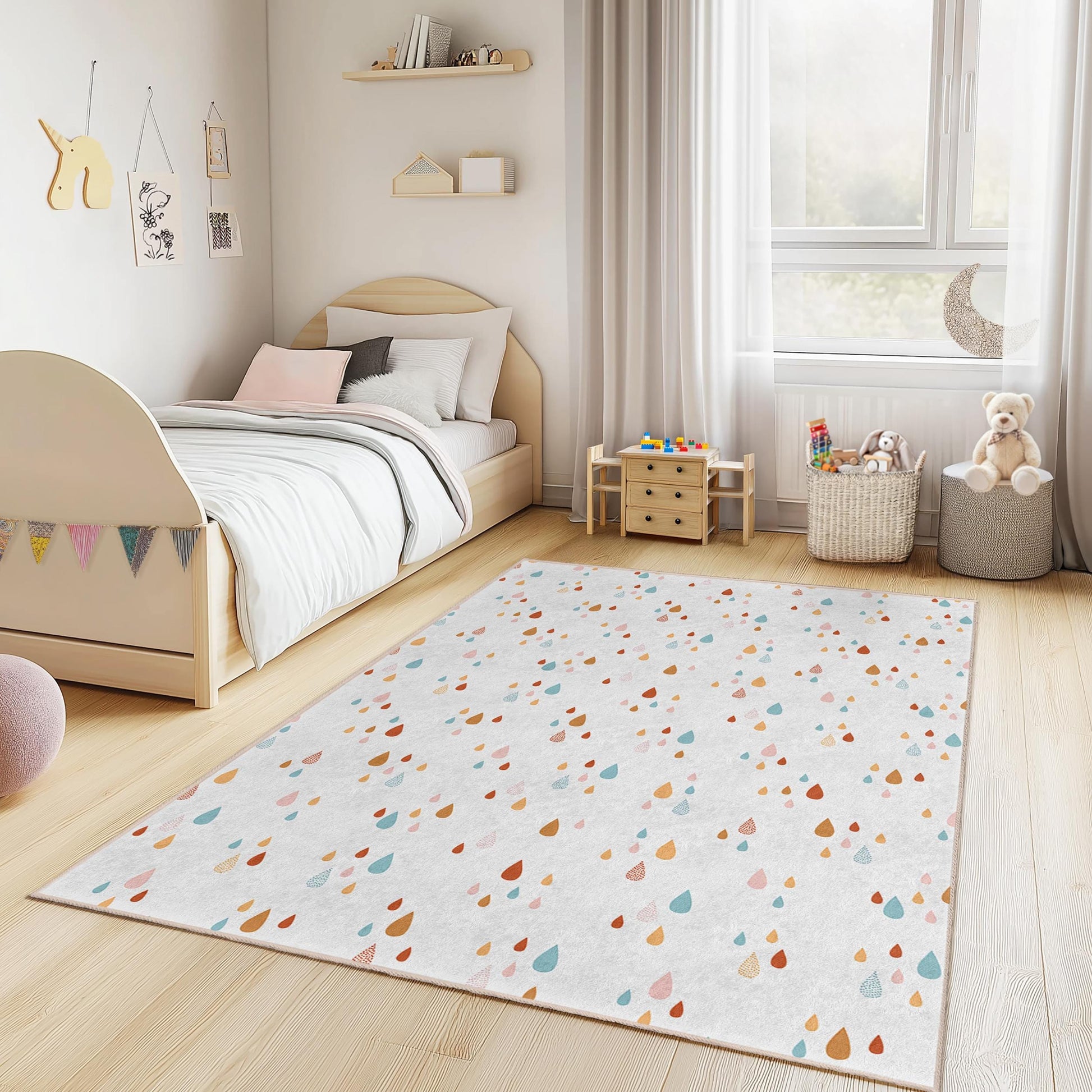 Colorful Water Droplets Rectangular Kids Rug, Playful Waterdrop Carpet, Soft Nursery Area Rug, Kids Room Decor, Toddler Play Mat