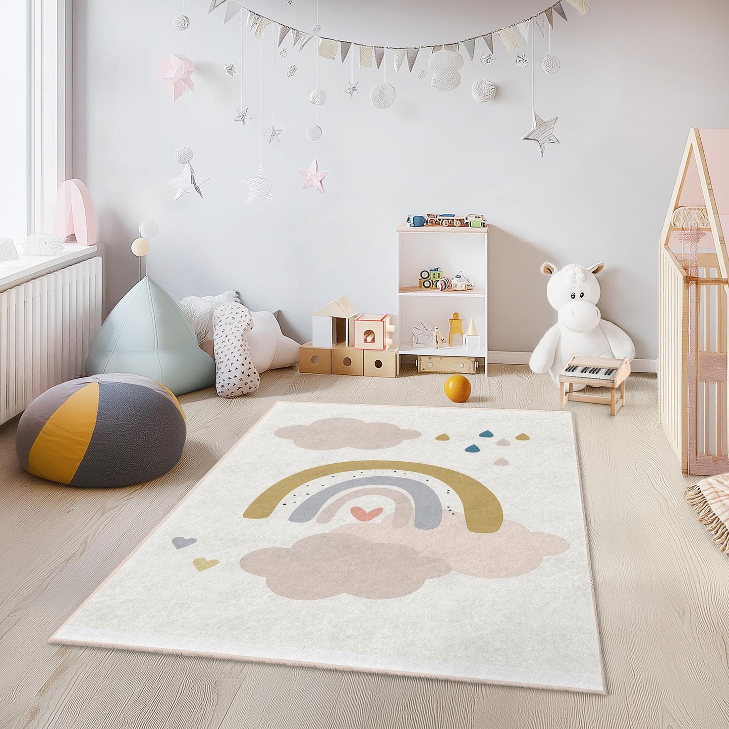 Rainbow Cloud Rectangle Kids Rug, Soft Nursery Carpet, Toddler Room Decor, Playroom Rug, Colorful Kids Area Rug