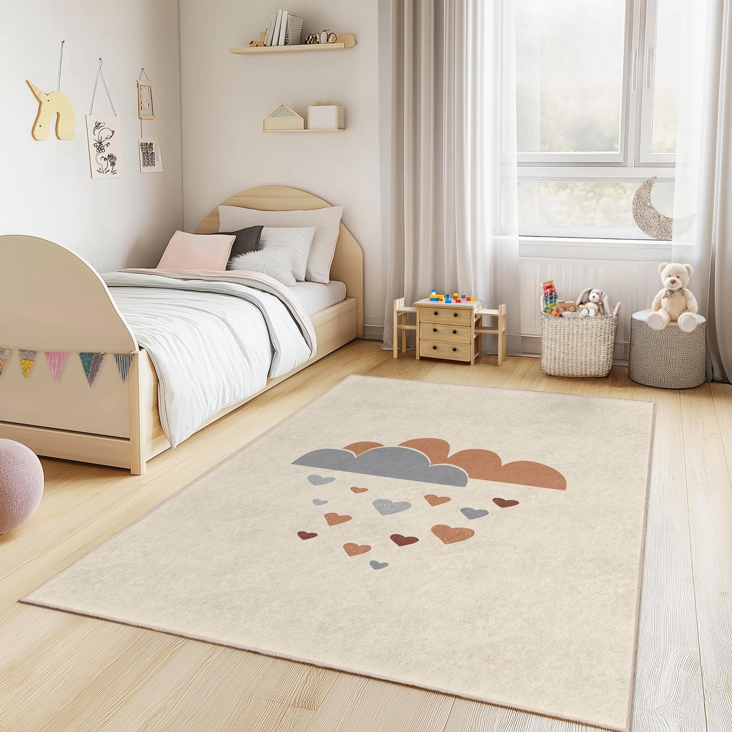 Clouds and Hearts Kids Room Rug, Cute Nursery Carpet, Rectangular Play Mat, Soft Baby Room Decor, Adorable Toddler Rug