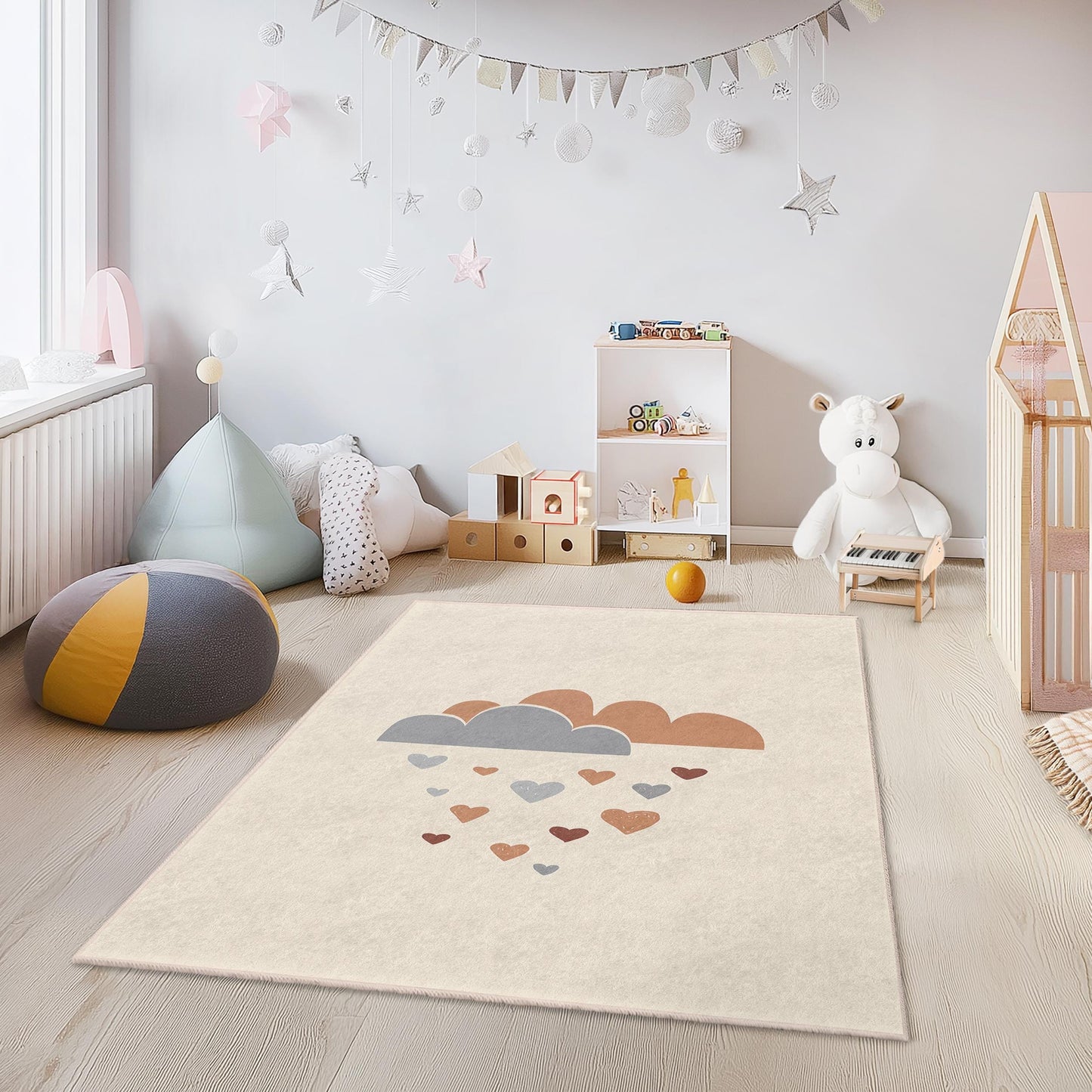 Clouds and Hearts Kids Room Rug, Cute Nursery Carpet, Rectangular Play Mat, Soft Baby Room Decor, Adorable Toddler Rug