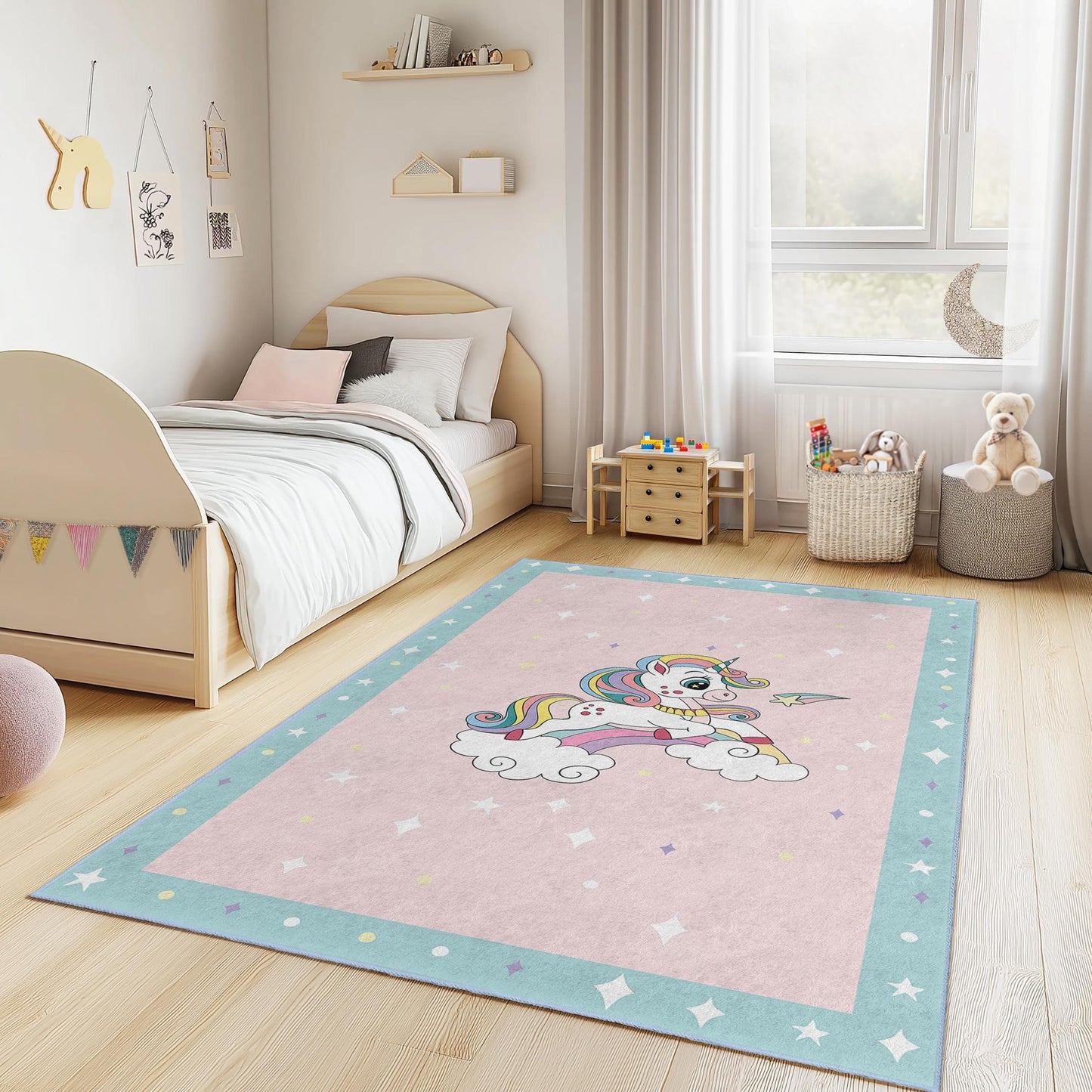 Magical Unicorn Kids Rug, Rainbow Unicorn Carpet for Child's Room, Playroom Decor, Soft Rectangle Kids Rug, Fantasy Nursery Rug
