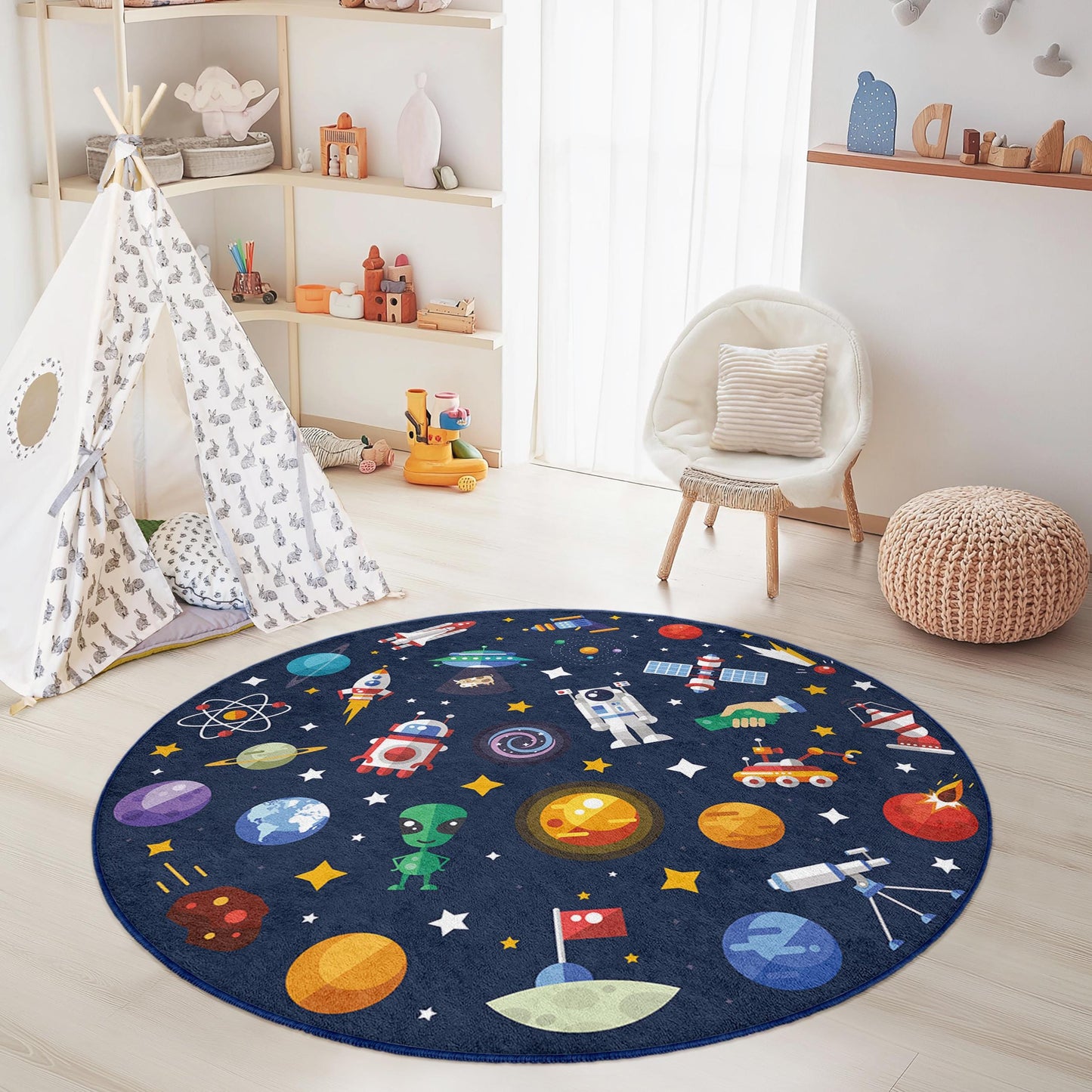 Space Adventure Round Kids Rug, Outer Space Play Mat, Galaxy Decor for Children's Room, Astronaut and Planet Rug, Cosmic Kids Carpet