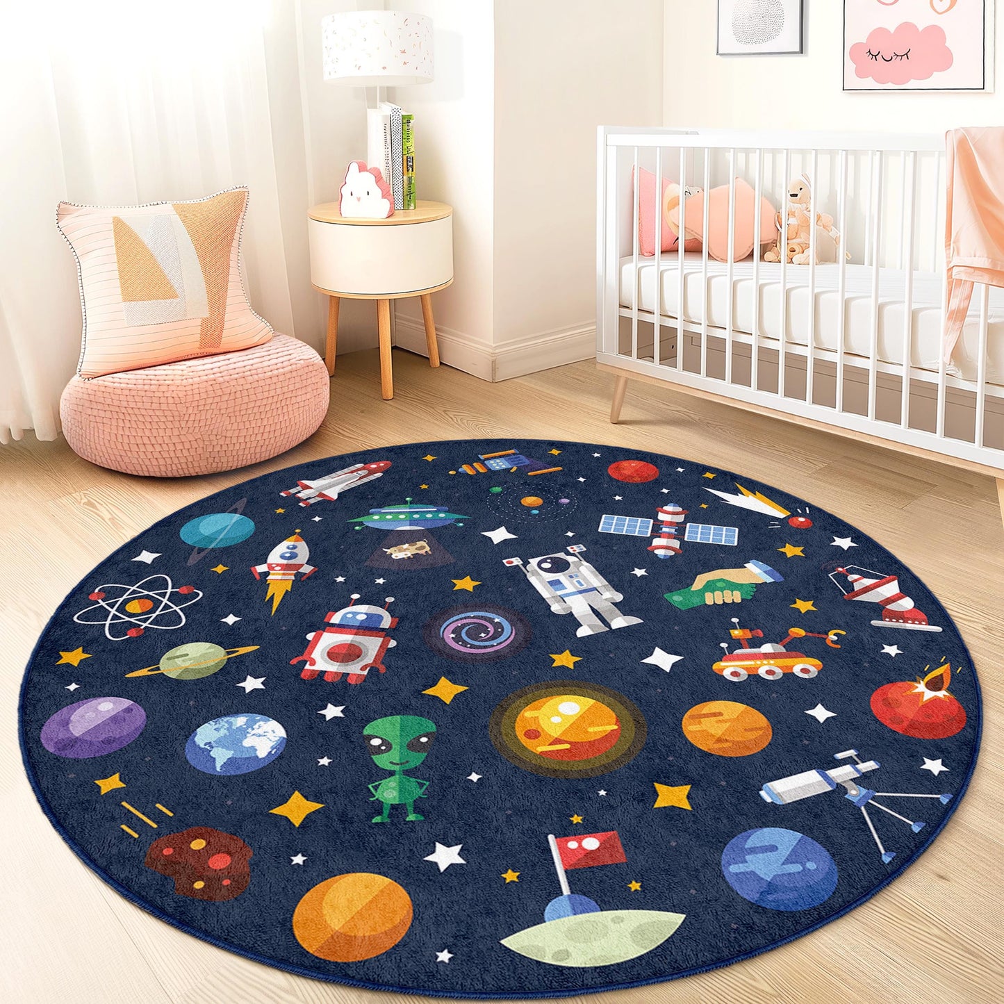 Space Adventure Round Kids Rug, Outer Space Play Mat, Galaxy Decor for Children's Room, Astronaut and Planet Rug, Cosmic Kids Carpet