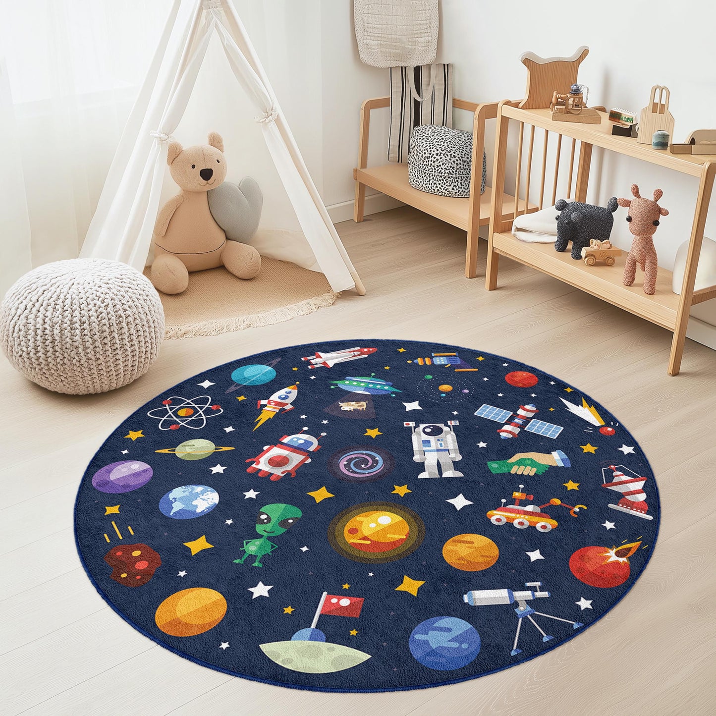 Space Adventure Round Kids Rug, Outer Space Play Mat, Galaxy Decor for Children's Room, Astronaut and Planet Rug, Cosmic Kids Carpet
