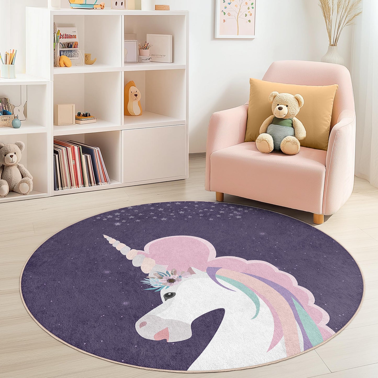 Magical Unicorn Round Rug for Kids, Fantasy Unicorn Decor, Soft Play Mat, Nursery Rug, Kids Room Carpet, Playroom Decor