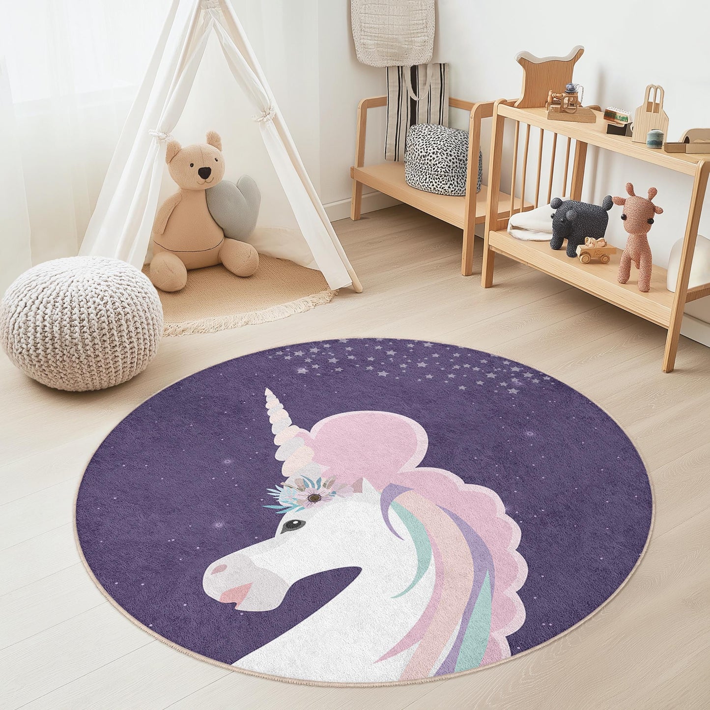 Magical Unicorn Round Rug for Kids, Fantasy Unicorn Decor, Soft Play Mat, Nursery Rug, Kids Room Carpet, Playroom Decor