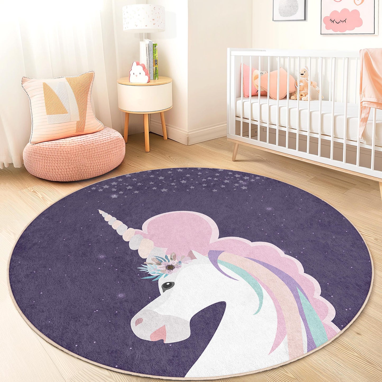 Magical Unicorn Round Rug for Kids, Fantasy Unicorn Decor, Soft Play Mat, Nursery Rug, Kids Room Carpet, Playroom Decor