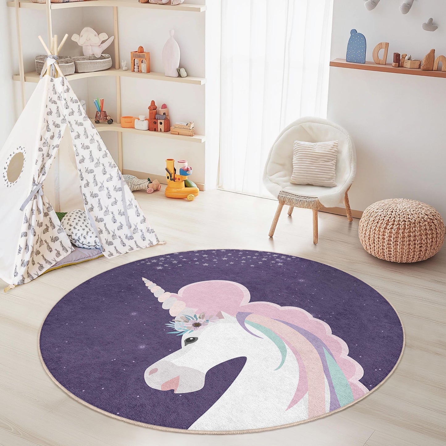 Magical Unicorn Round Rug for Kids, Fantasy Unicorn Decor, Soft Play Mat, Nursery Rug, Kids Room Carpet, Playroom Decor