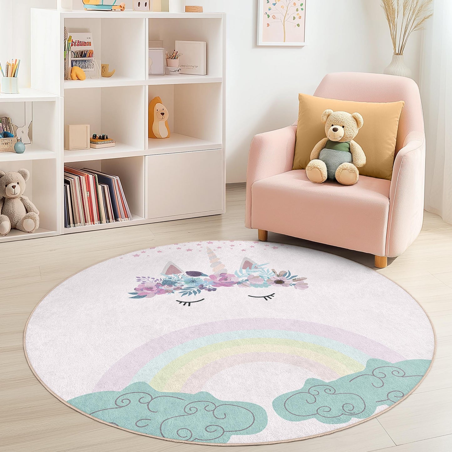 Whimsical Unicorn Round Rug, Cute Unicorn Play Mat, Kids Room Decor, Nursery Rug, Rainbow Themed Carpet, Soft Play Area Rug