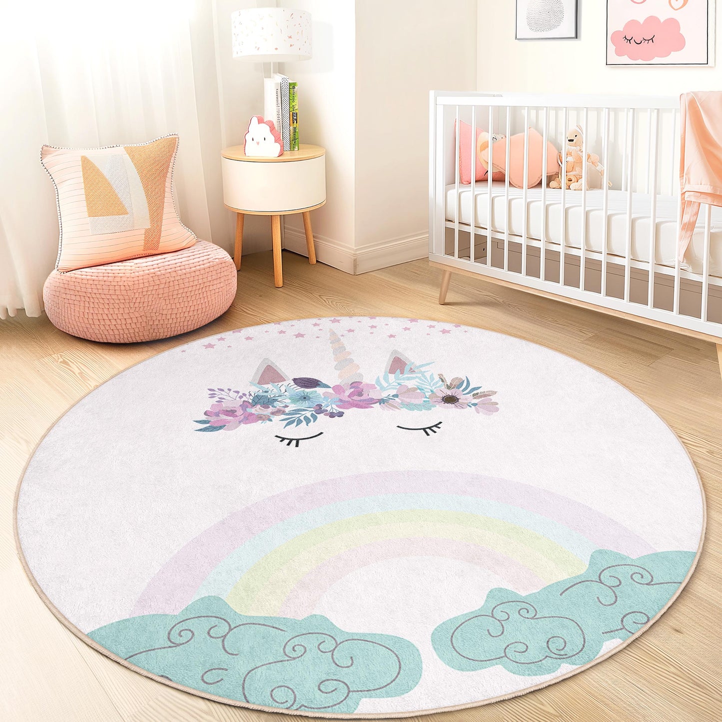 Whimsical Unicorn Round Rug, Cute Unicorn Play Mat, Kids Room Decor, Nursery Rug, Rainbow Themed Carpet, Soft Play Area Rug