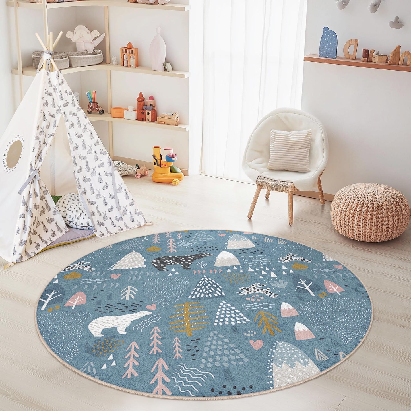 Whimsical Woodland Round Kids Rug, Bear and Tree Pattern, Soft Play Area Mat, Nursery Decor, Playroom Carpet