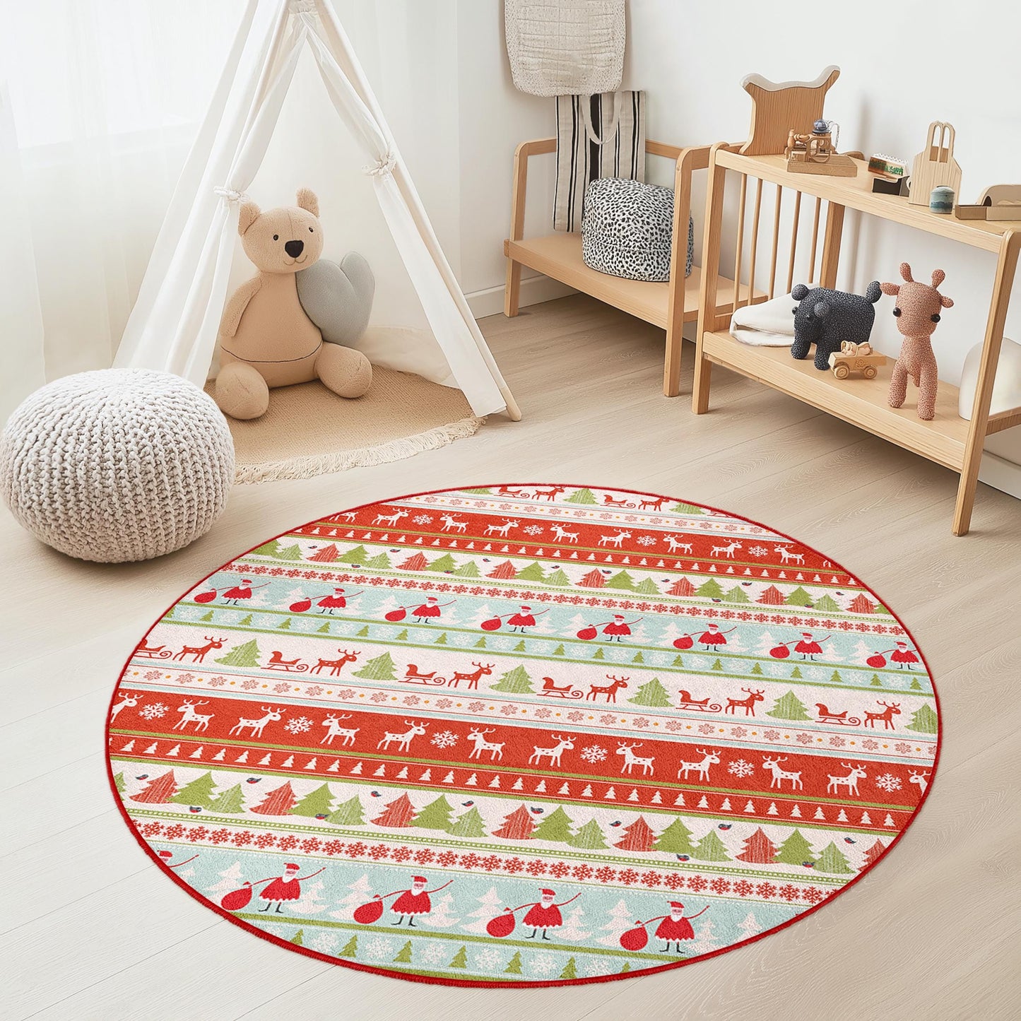 Festive Christmas Round Area Rug, Holiday Decor Rug, Kids Room Christmas Rug, Santa and Reindeer Pattern, Cozy Holiday Mat