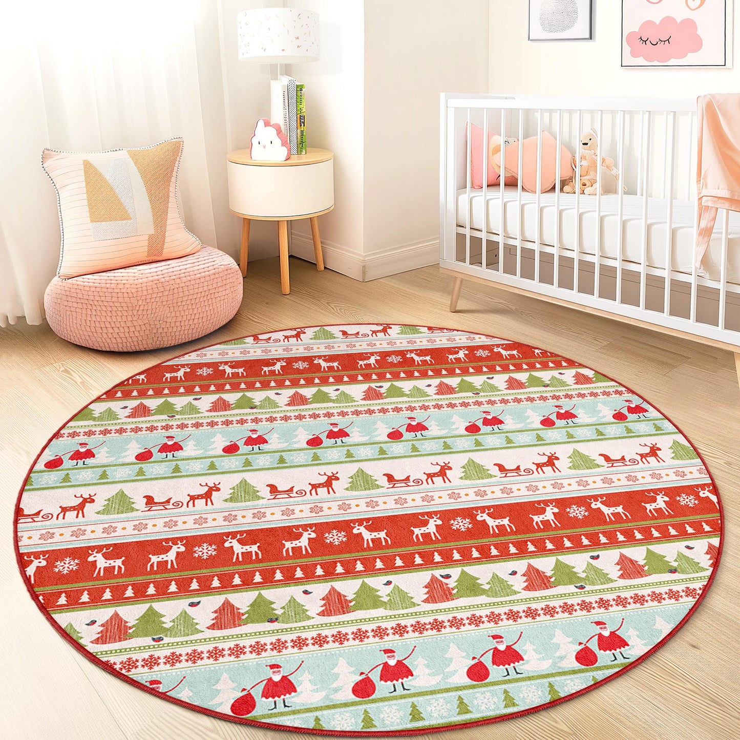 Festive Christmas Round Area Rug, Holiday Decor Rug, Kids Room Christmas Rug, Santa and Reindeer Pattern, Cozy Holiday Mat