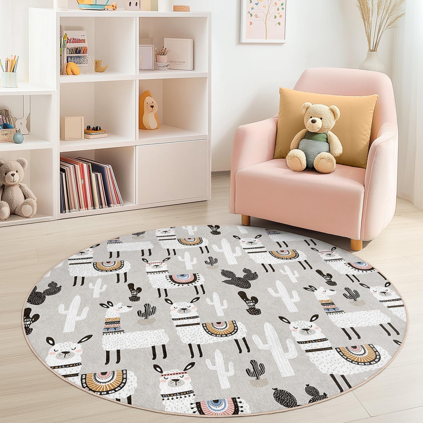 Llama and Cactus Round Kids Rug, Bohemian Nursery Decor, Playroom Carpet, Soft Round Rug, Animal Theme Rug for Children