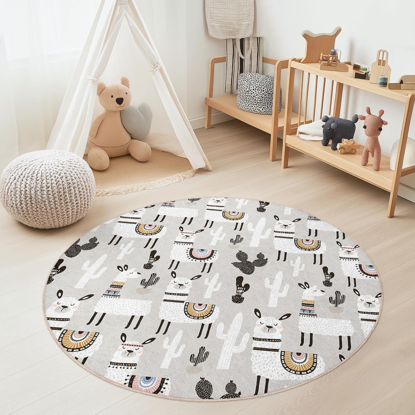 Llama and Cactus Round Kids Rug, Bohemian Nursery Decor, Playroom Carpet, Soft Round Rug, Animal Theme Rug for Children