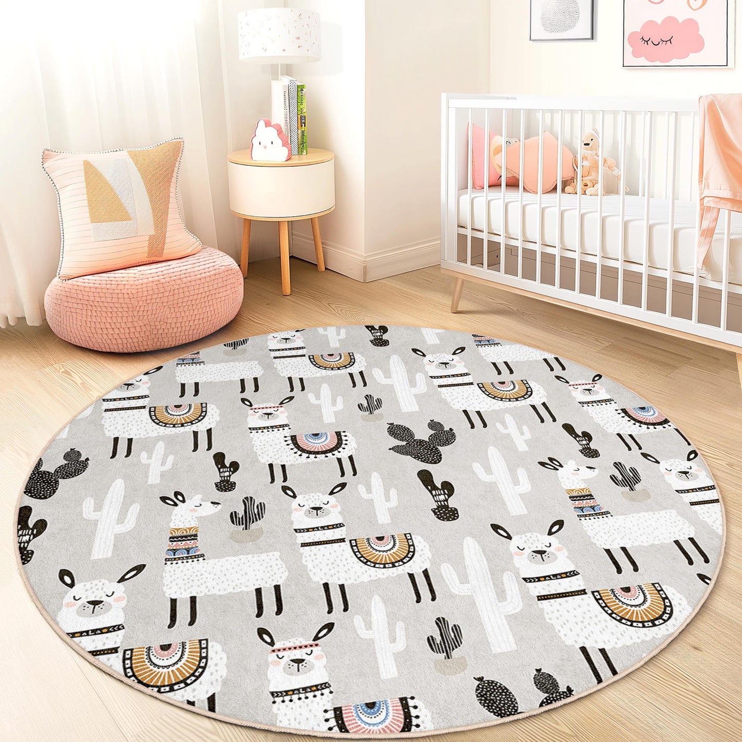 Llama and Cactus Round Kids Rug, Bohemian Nursery Decor, Playroom Carpet, Soft Round Rug, Animal Theme Rug for Children