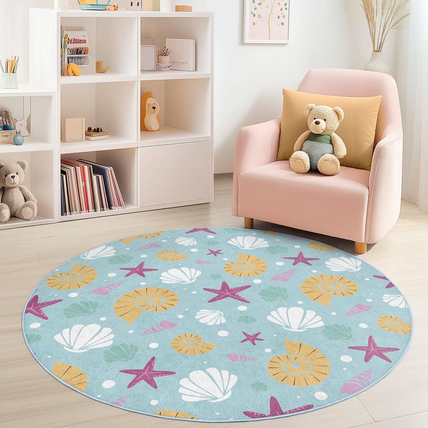 Sea Shells Round Kids Area Rug, Coastal Theme Nursery Rug, Beach Decor for Kids Room, Soft Play Mat for Toddlers