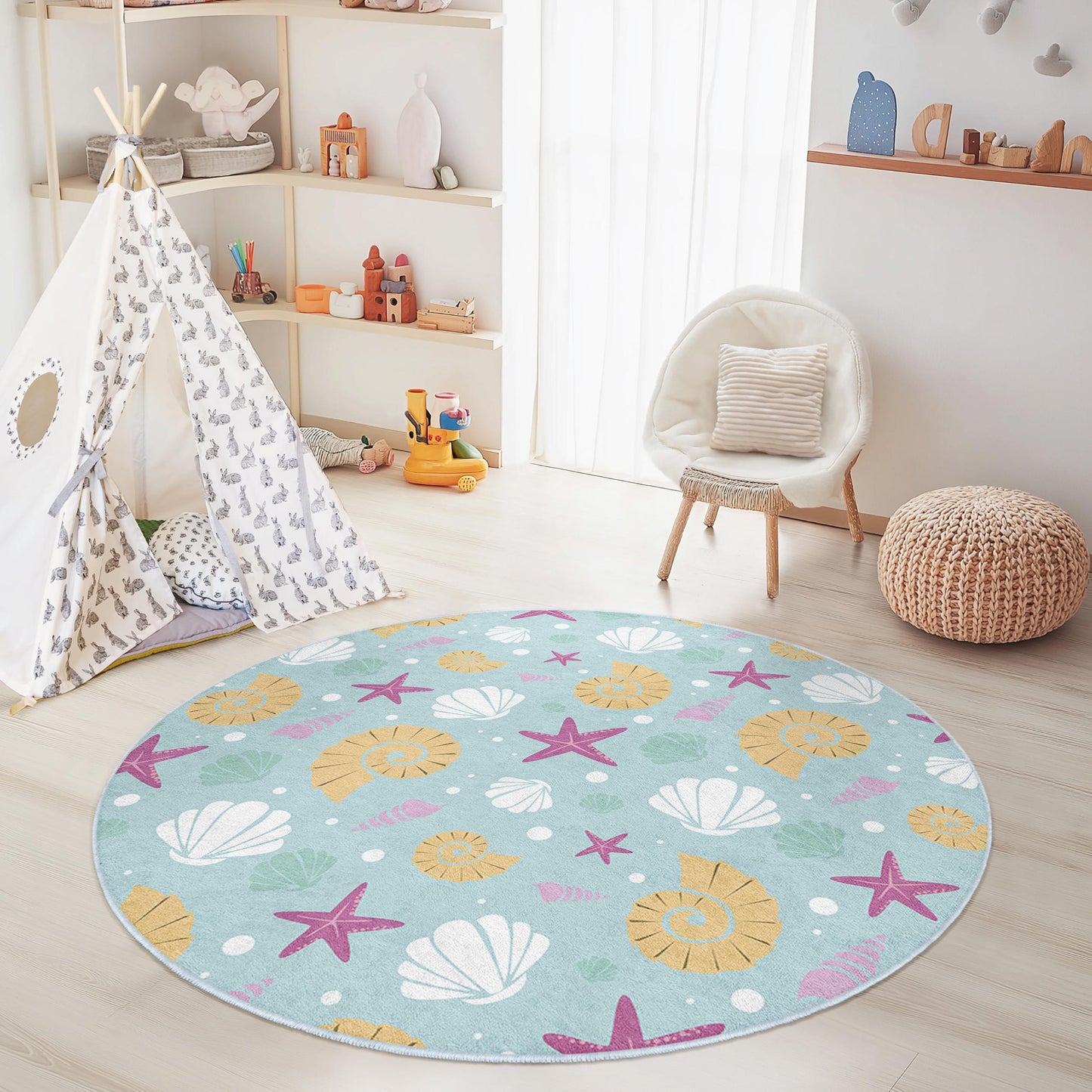 Sea Shells Round Kids Area Rug, Coastal Theme Nursery Rug, Beach Decor for Kids Room, Soft Play Mat for Toddlers