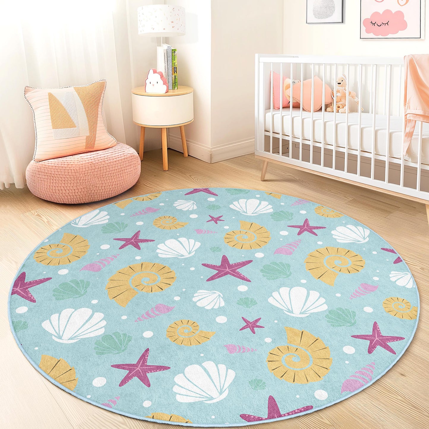 Sea Shells Round Kids Area Rug, Coastal Theme Nursery Rug, Beach Decor for Kids Room, Soft Play Mat for Toddlers