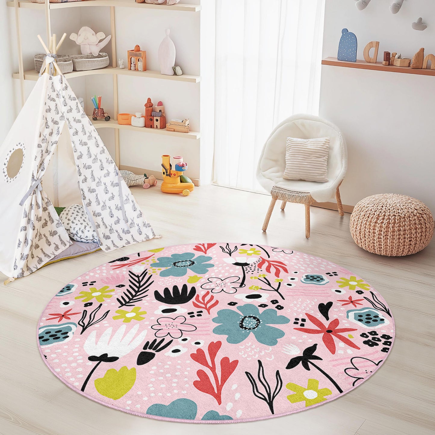 Floral Pattern Round Kids Area Rug, Pink Flower Playroom Carpet, Soft Nursery Rug, Boho Kids Room Decor, Cute Round Rug