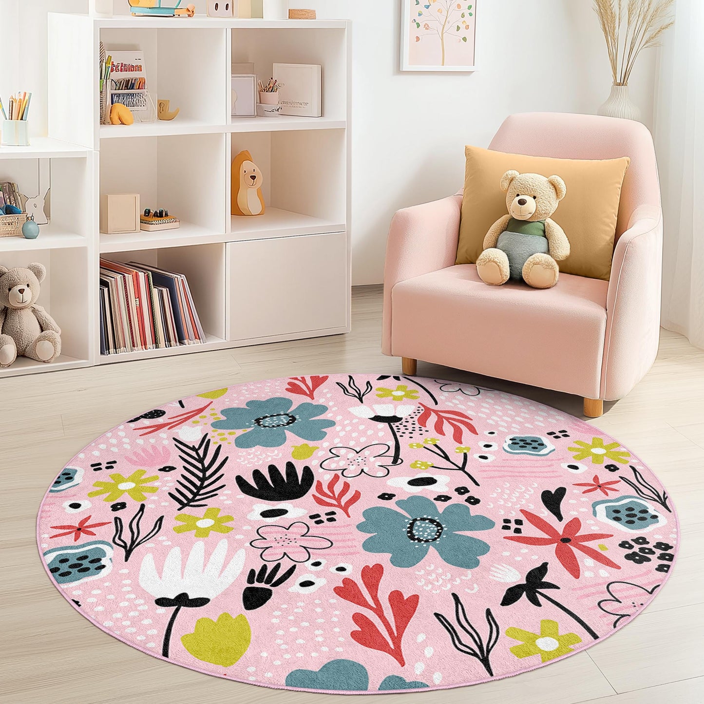 Floral Pattern Round Kids Area Rug, Pink Flower Playroom Carpet, Soft Nursery Rug, Boho Kids Room Decor, Cute Round Rug