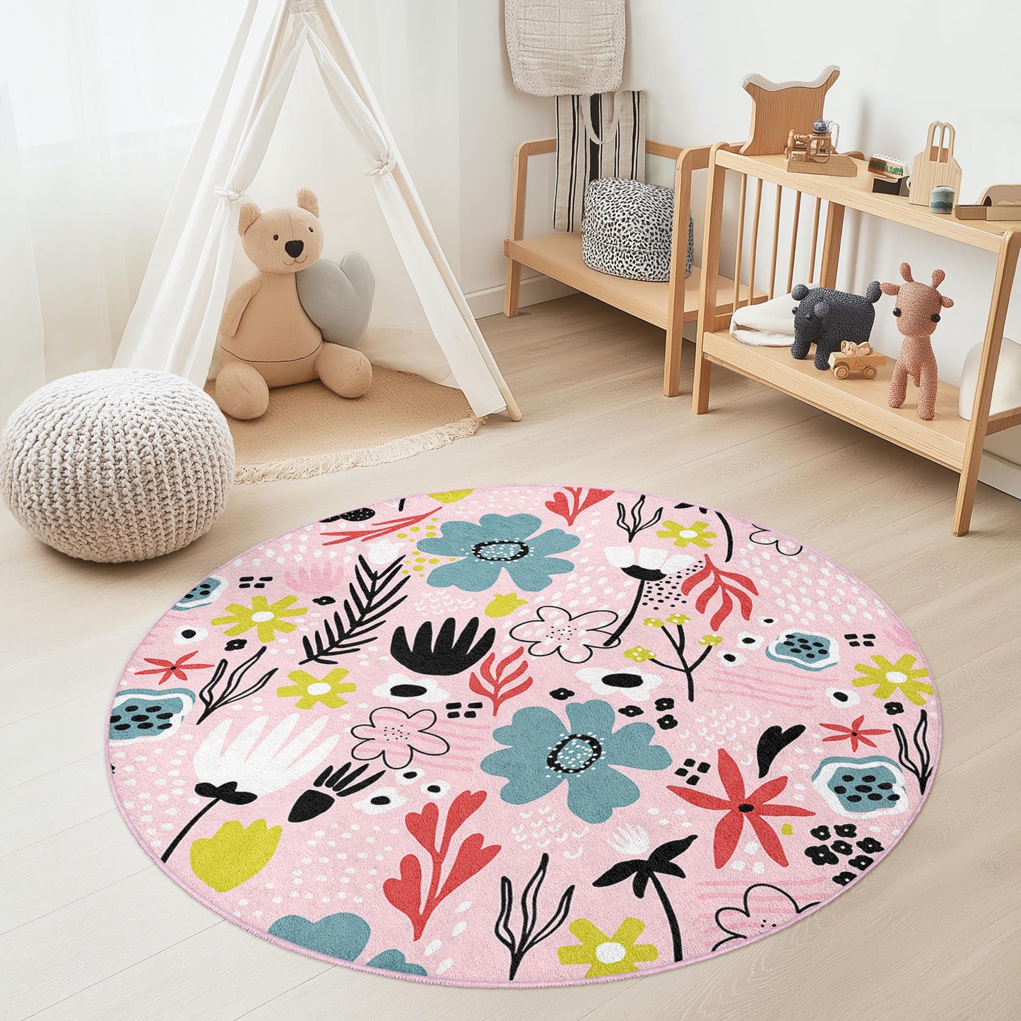 Floral Pattern Round Kids Area Rug, Pink Flower Playroom Carpet, Soft Nursery Rug, Boho Kids Room Decor, Cute Round Rug