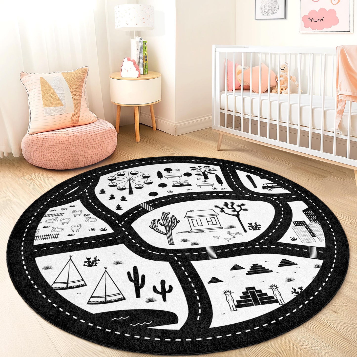 Black and White Road Map Kids Rug, Round Play Rug, Creative Childrens Room Decor, Soft Play Mat, Interactive Learning Rug