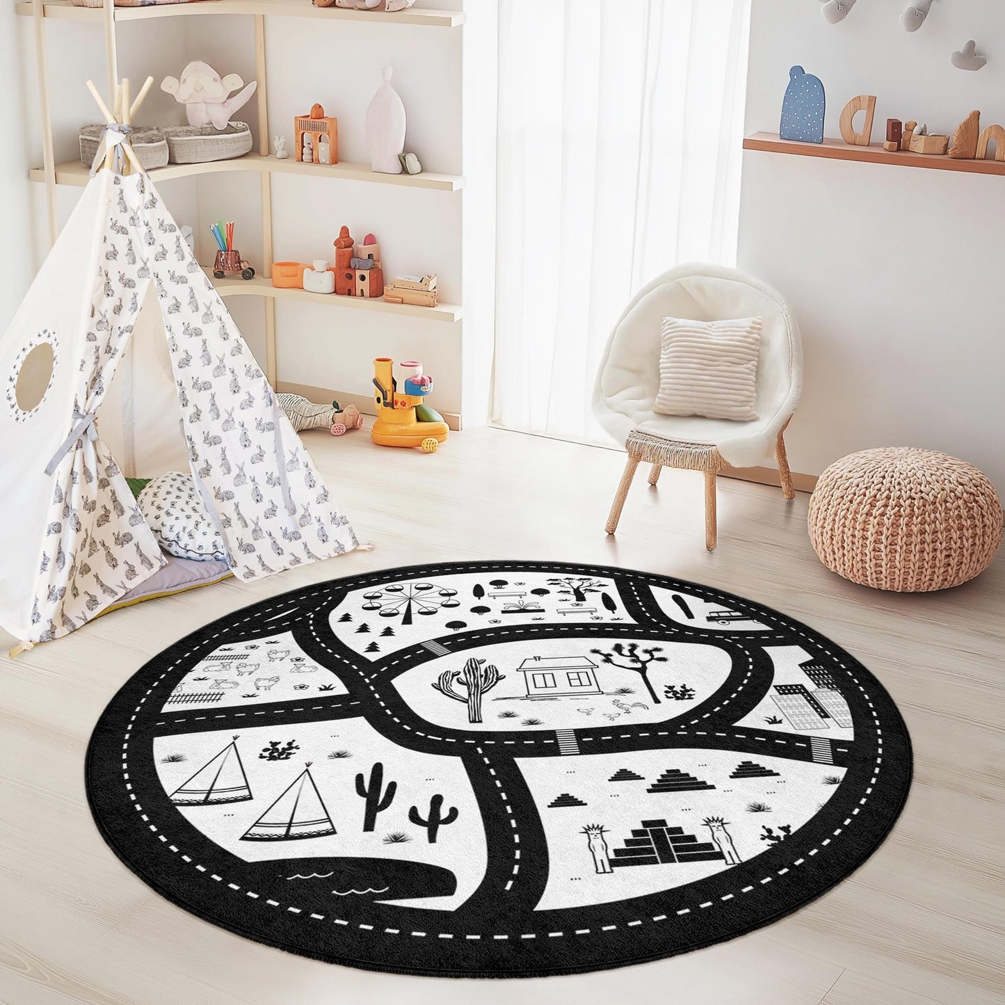 Black and White Road Map Kids Rug, Round Play Rug, Creative Childrens Room Decor, Soft Play Mat, Interactive Learning Rug